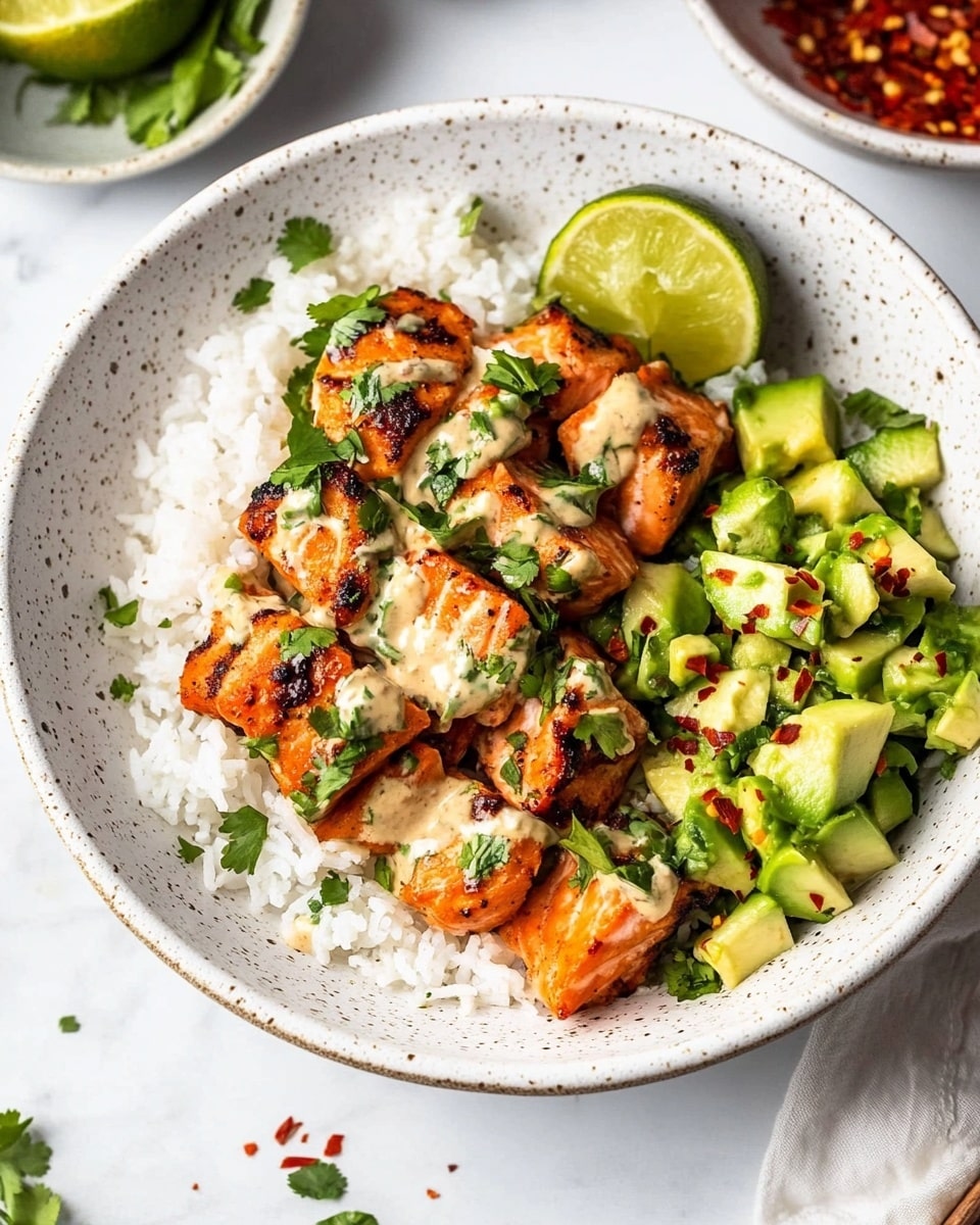 A white bowl on a white marbled surface holds a colorful dish with three main layers. The bottom layer is white rice with soft, fluffy texture. On top, there are dark brown, crispy pieces of seasoned meat or tofu, covered lightly with a creamy beige sauce. To the side, there are bright green chunks of cucumber and avocado mixed with fresh cilantro. Two lime wedges rest on the edge of the bowl. Some red chili flakes are sprinkled on top of the dish, adding small pops of color. A gold fork is placed inside the bowl, with a woman's hand holding it from the bottom right corner. Photo taken with an iphone --ar 4:5 --v 6.1