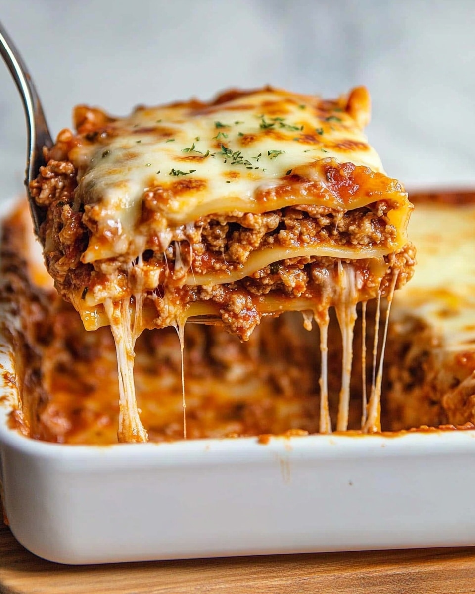 A thick slice of lasagna is lifted from a white rectangular baking dish, showing several layers. The bottom layer is a creamy white sauce, followed by a thick layer of sauce with small brown chunks of meat mixed with red tomato sauce and herbs. Above that, there are soft, flat pale yellow pasta sheets, then more sauce with meat, and melted golden cheese on top with browned spots. The lasagna looks rich and juicy, with strings of melted cheese stretching from the slice to the dish. The white baking dish sits on a wooden board and the background is a white marbled texture. Photo taken with an iphone --ar 4:5 --v 6.1