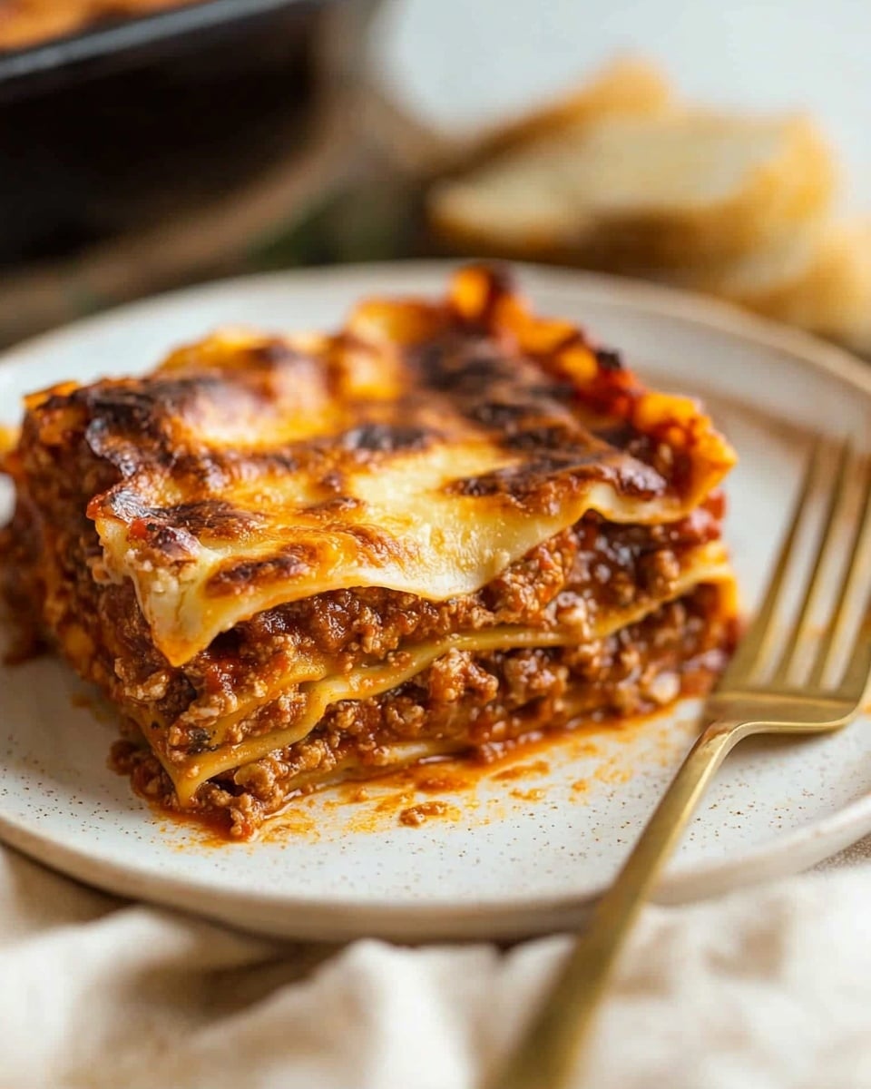 A slice of lasagna sits on a white plate, showing multiple layers of wide pasta sheets separated by thick layers of rich, brownish-red meat sauce and melted cheese. The top layer is golden brown with slightly burnt spots giving it a textured, crispy look. The edges of the pasta are soft and slightly curled. To the right of the lasagna is a golden fork resting on the plate, and behind it, pieces of toasted bread with a crunchy, light golden crust. The plate is set on a soft tan cloth, with a white marbled texture beneath it, softly blurred in the background. photo taken with an iphone --ar 4:5 --v 6.1