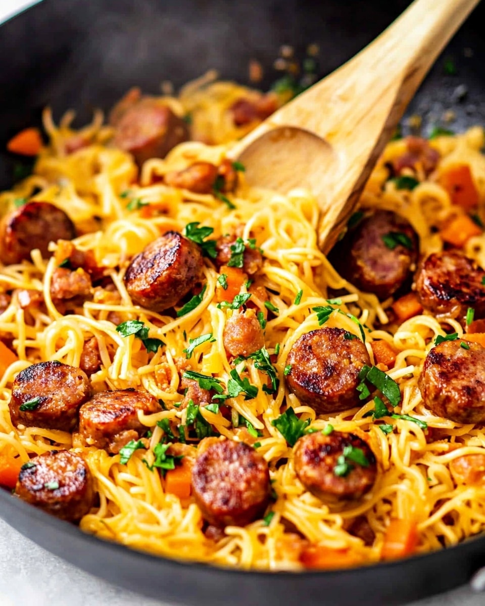 This image shows a close-up of a cooked pasta dish in a black pan, with thin yellow noodles as the base layer mixed with small orange pieces that look like diced vegetables. On top of the noodles are browned, sausage slices with a rich reddish-brown color, giving the dish a textured and hearty feel. Green herb bits are scattered on the noodles and sausage, adding a touch of freshness and color contrast. A wooden spoon is placed in the pan, partially stirring the noodles and sausage, with the spoon's light wood tones standing out against the vibrant food. The background is a white marbled texture. photo taken with an iphone --ar 4:5 --v 6.1