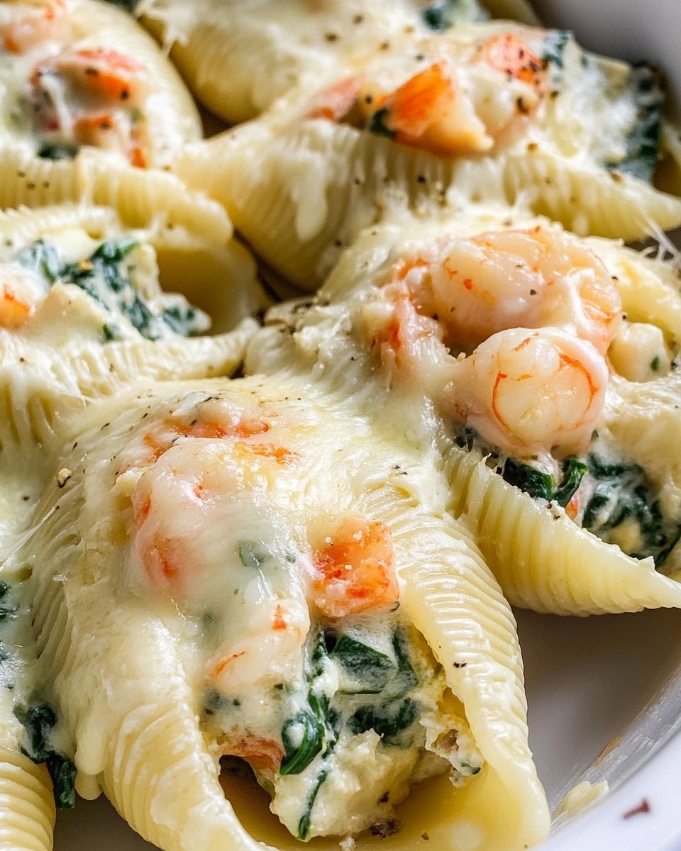 The image shows a close-up of large white pasta shells filled with a creamy mixture of white cheese, chopped green spinach, and small pieces of orange shrimp. The pasta shells are placed side by side in a white dish, and the filling looks rich and melted, with a smooth and slightly stretchy cheese texture covering the top of each shell. The green spinach is dotted throughout the creamy filling, adding a fresh contrast to the pale cheese and shrimp. The shrimp pieces are small but noticeable with their soft orange color, layered within the white cheese and spinach mixture. Photo taken with an iphone --ar 4:5 --v 6.1