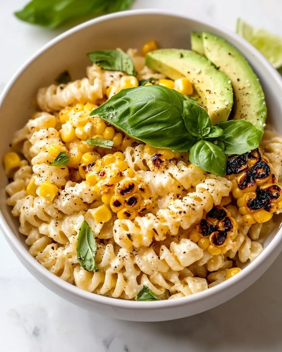 On a white plate with a shiny silver fork on the left and a silver spoon on the right, a layer of spiral pasta coated in a creamy light sauce forms the base. On top, there is a layer of small bright yellow corn kernels mixed with fresh green herb bits. Over the corn, a layer of crumbly white cheese is sprinkled along with reddish-brown spices, adding color contrast. Two lime wedges, one at the top and one at the bottom right, add a fresh green touch. The plate sits on a white marbled surface with some scattered cheese crumbs and spice powder near the bottom left corner, and three small white bowls with spices and chopped herbs are visible in the top corners. photo taken with an iphone --ar 4:5 --v 6.1