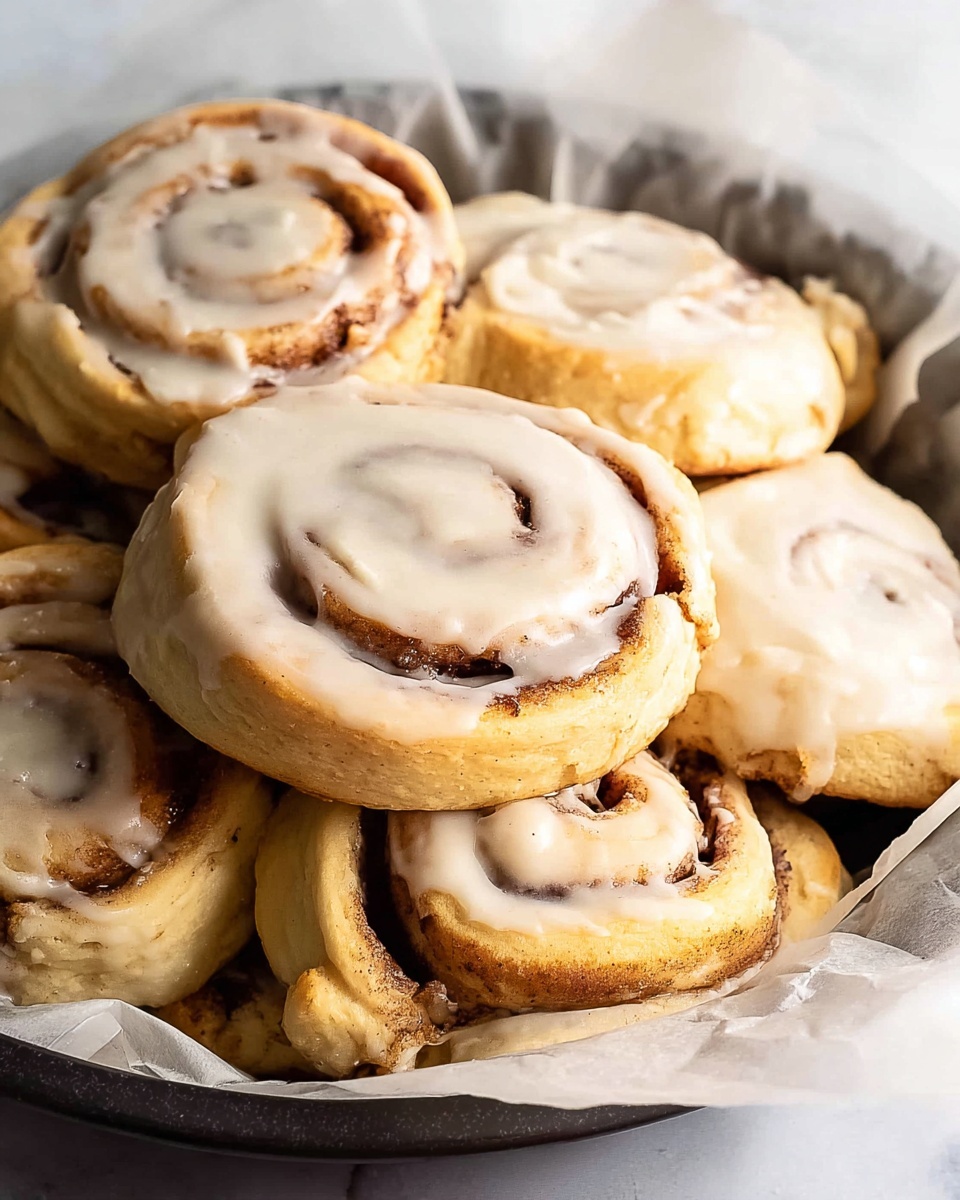 A close-up view of a dark round pan filled with a pile of cinnamon rolls, each roll showing two visible layers: the soft, golden-baked dough with a light brown swirl of cinnamon filling inside, and a creamy white icing spread on top covering some rolls fully and some partially, giving a glossy texture contrast. The pan rests on crumpled white parchment paper, all set on a white marbled surface. The cinnamon rolls appear soft and thick, stacked casually, showing their rounded edges and swirled tops. photo taken with an iphone --ar 4:5 --v 7