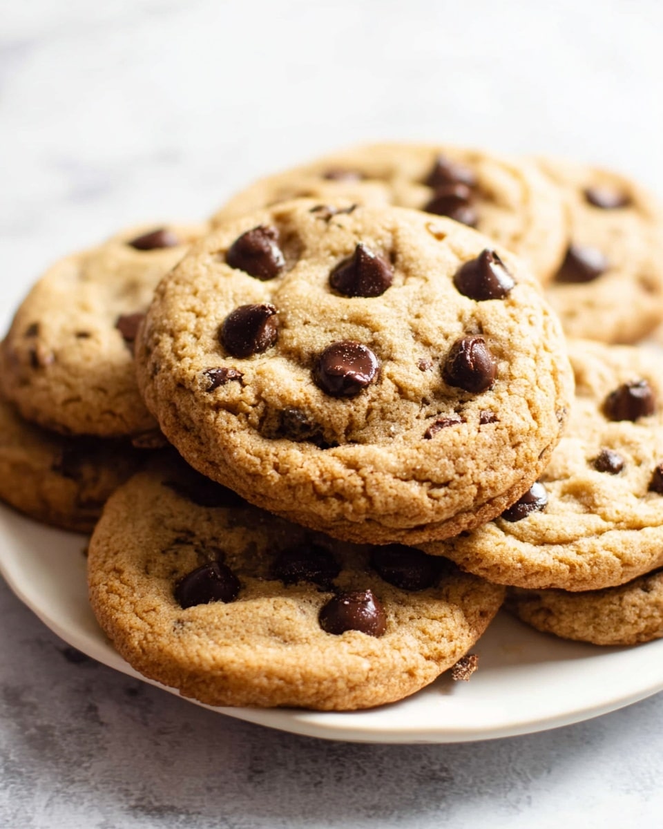 A white plate holds a stack of golden brown chocolate chip cookies, with five cookies visible in layers. The cookies have a soft, rough texture with slightly uneven edges and shiny dark chocolate chips scattered on the surface, some melted into the dough slightly. The plate rests on a white marbled surface, adding a clean and bright background to the warm tones of the cookies. photo taken with an iphone --ar 4:5 --v 7