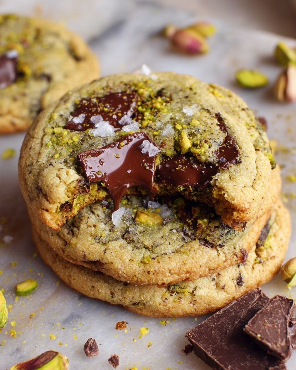 The image shows a stack of two round pistachio chocolate chip cookies with one cookie broken to reveal melted dark chocolate inside. The cookies have a golden-brown color with green pistachio crumbs sprinkled on top. There are large chunks of dark chocolate and coarse salt flakes visible on the surface, adding texture. Around the cookies, there are whole pistachios and pieces of broken dark chocolate scattered on a white marbled texture. The soft, slightly cracked surface of the cookies contrasts with the smooth melted chocolate pieces inside. Photo taken with an iphone --ar 4:5 --v 7