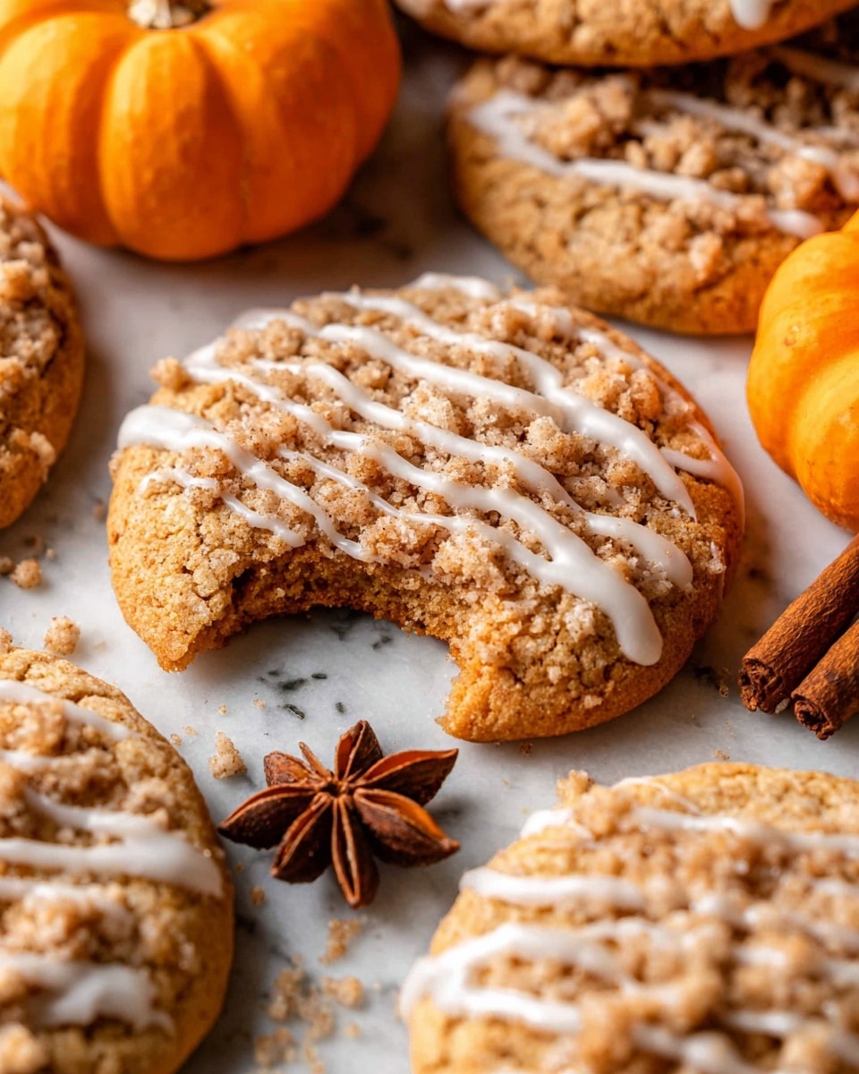 The image shows a stack of four round cookies with a light brown base and a crumbly, darker brown streusel layer on top. Each cookie is drizzled with white icing in irregular thin lines over the top. The top cookie in the stack has a bite taken out, revealing its soft inside and the layers of cookie and streusel. Around the stack, there are more similar cookies spread out, resting on a white marbled surface with small orange pumpkins and star anise for decoration. The lighting highlights the crumbly texture and soft cookie edges, creating a cozy fall feeling. photo taken with an iphone --ar 4:5 --v 7