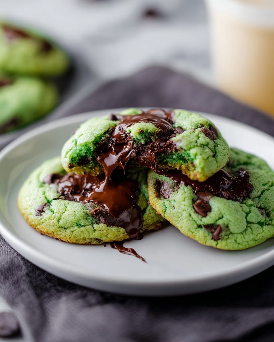 Two thick, soft green cookies sit stacked on a round white plate against a white marbled surface. The top cookie is broken in half, showing a soft, crumbly green inside with melted dark chocolate oozing out from the center and spread across the top. The bottom cookie is whole with melted dark chocolate chunks visible on top, contrasting with the bright green cookie dough. The texture of the cookies looks soft and moist with a slightly crinkled surface. photo taken with an iphone --ar 4:5 --v 7