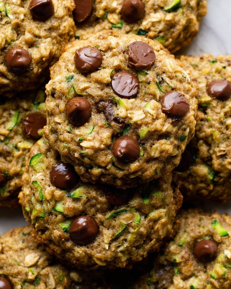 A close-up view of a pile of oatmeal cookies with visible pieces of chocolate chips and green bits, placed on a white marbled surface. The cookies are thick and round with a rough, textured surface due to oats and chopped ingredients mixed inside. Each cookie shows several shiny, soft chocolate chips embedded on top, giving a rich contrast to the golden-brown baked dough mixed with flecks of green, likely zucchini or a similar vegetable. The edges are slightly browned, adding to their fresh-baked look, and the cookies overlap each other in a casual arrangement. photo taken with an iphone --ar 4:5 --v 7