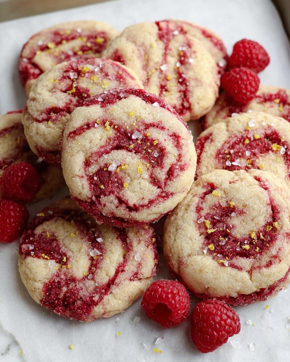 The image shows a pile of round cookies with a creamy beige base color mixed with bright red swirls of raspberry jam throughout the dough. There are about ten cookies overlapping each other on a crinkled white paper surface with a white marbled texture beneath. Some cookies have a dusting of coarse sugar or flaky salt on top, and a few whole fresh raspberries are scattered among the cookies as garnish. The cookies look soft with a slightly cracked texture on top, and there are small bits of lemon zest adding specks of yellow across the tops photo taken with an iphone --ar 4:5 --v 7