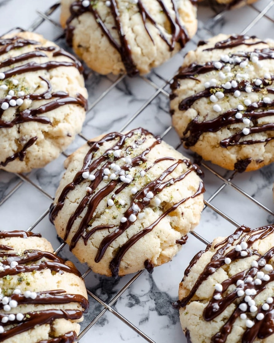 Round cookies with a light beige color and a soft, slightly rough texture are placed on a metal cooling rack. Each cookie has thin, dark brown chocolate lines drizzled across the top, with some thicker chocolate patches in the center. Small white round sprinkles are scattered on some of the chocolate areas, adding a delicate contrast to the cookie surface. The background has a white marbled texture. photo taken with an iphone --ar 4:5 --v 7