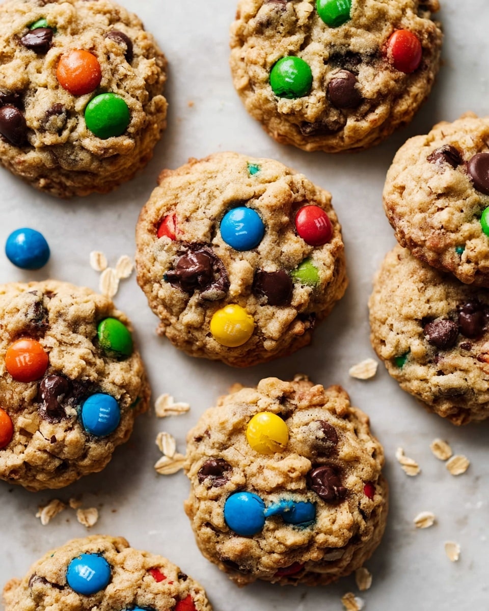 The image shows seven round cookies on a white marbled surface. Each cookie has one thick layer with a rough, soft texture, mixed with colorful candy-coated chocolate pieces in green, red, blue, yellow, and orange scattered on the top and embedded inside, along with dark chocolate chips. The cookies are close to each other with some loose oats and scattered candy pieces around them, creating a casual, slightly messy look. The lighting is natural and soft, highlighting the textures and colors clearly. photo taken with an iphone --ar 4:5 --v 7