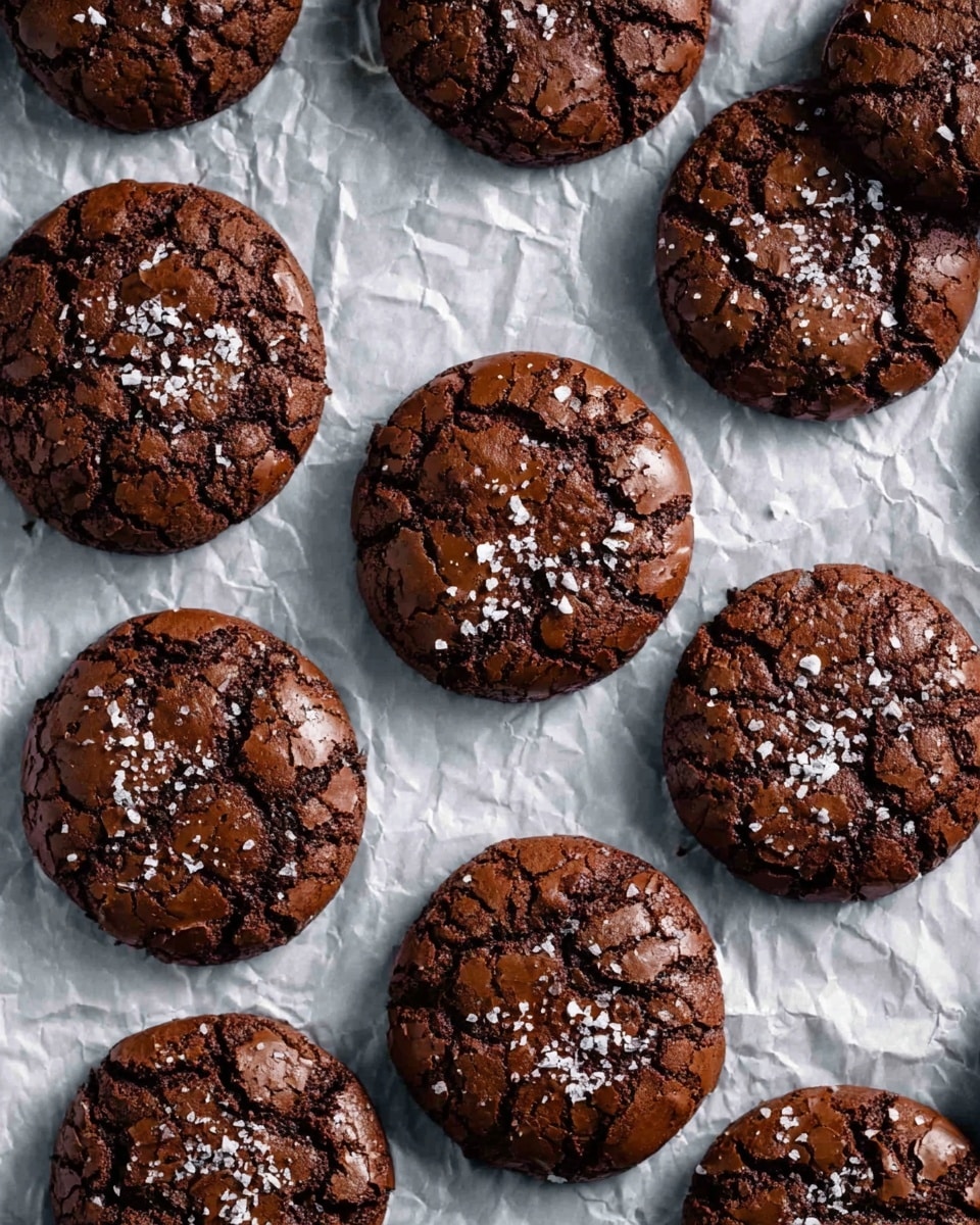The image shows many round chocolate cookies laid out on crinkled white parchment paper over a white marbled surface. Each cookie has a cracked top texture with a dark brown color and is sprinkled with small flakes of white sea salt. The cookies are arranged closely but not touching, filling the frame in an overhead view. Photo taken with an iphone --ar 4:5 --v 7
