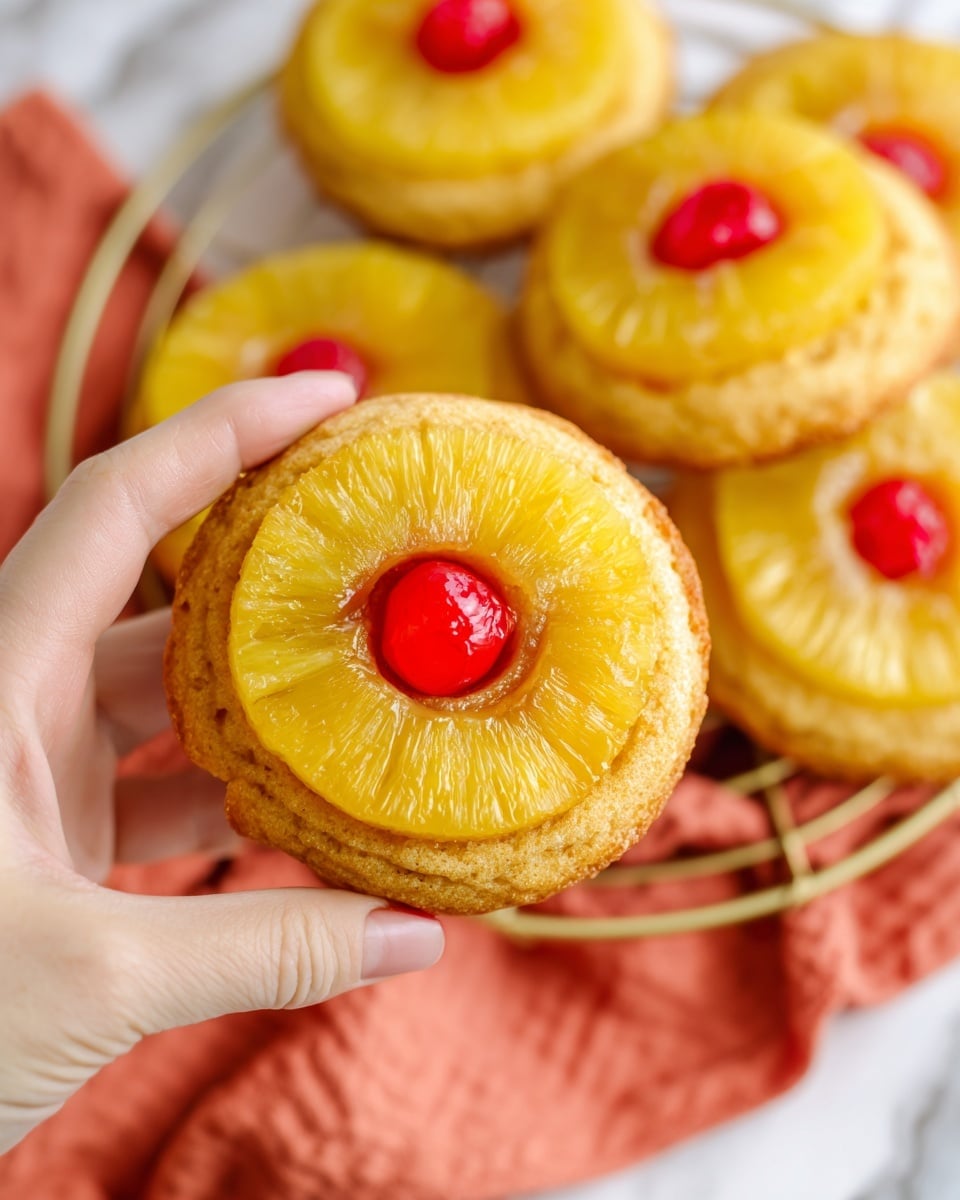 A woman's hand holding a round pineapple upside-down cake showing one bright yellow pineapple ring topped with a shiny red cherry in the center. The cake has a golden brown edge and a soft, moist yellow base. In the background, more identical cakes with the same pineapple and cherry pattern sit on a metal cooling rack on a white marbled surface with a red cloth partially visible. The overall colors are warm with a focus on the yellow fruit and red cherry. photo taken with an iphone --ar 4:5 --v 7