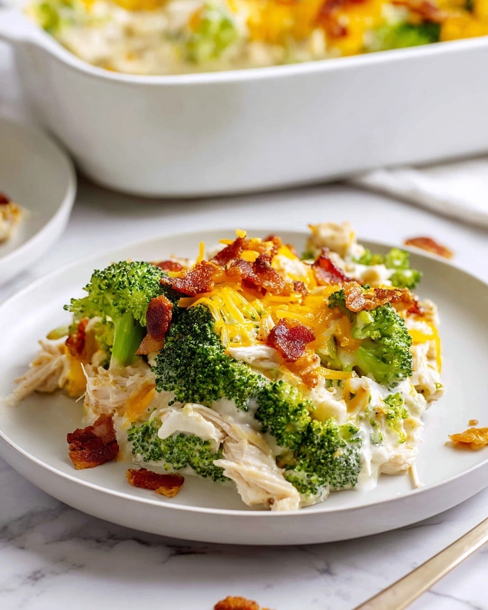 A white plate holds one serving of a layered broccoli casserole. The bottom layer is creamy white sauce mixed with shredded light beige chicken pieces. Above that, bright green broccoli florets are scattered, followed by a layer of shredded yellow cheese melting slightly. Small chunks of crispy light brown bacon are sprinkled on top, adding a crunchy texture. The plate is placed on a white marbled surface, and in the background, a white casserole dish filled with the same casserole can be seen. Photo taken with an iphone --ar 4:5 --v 7