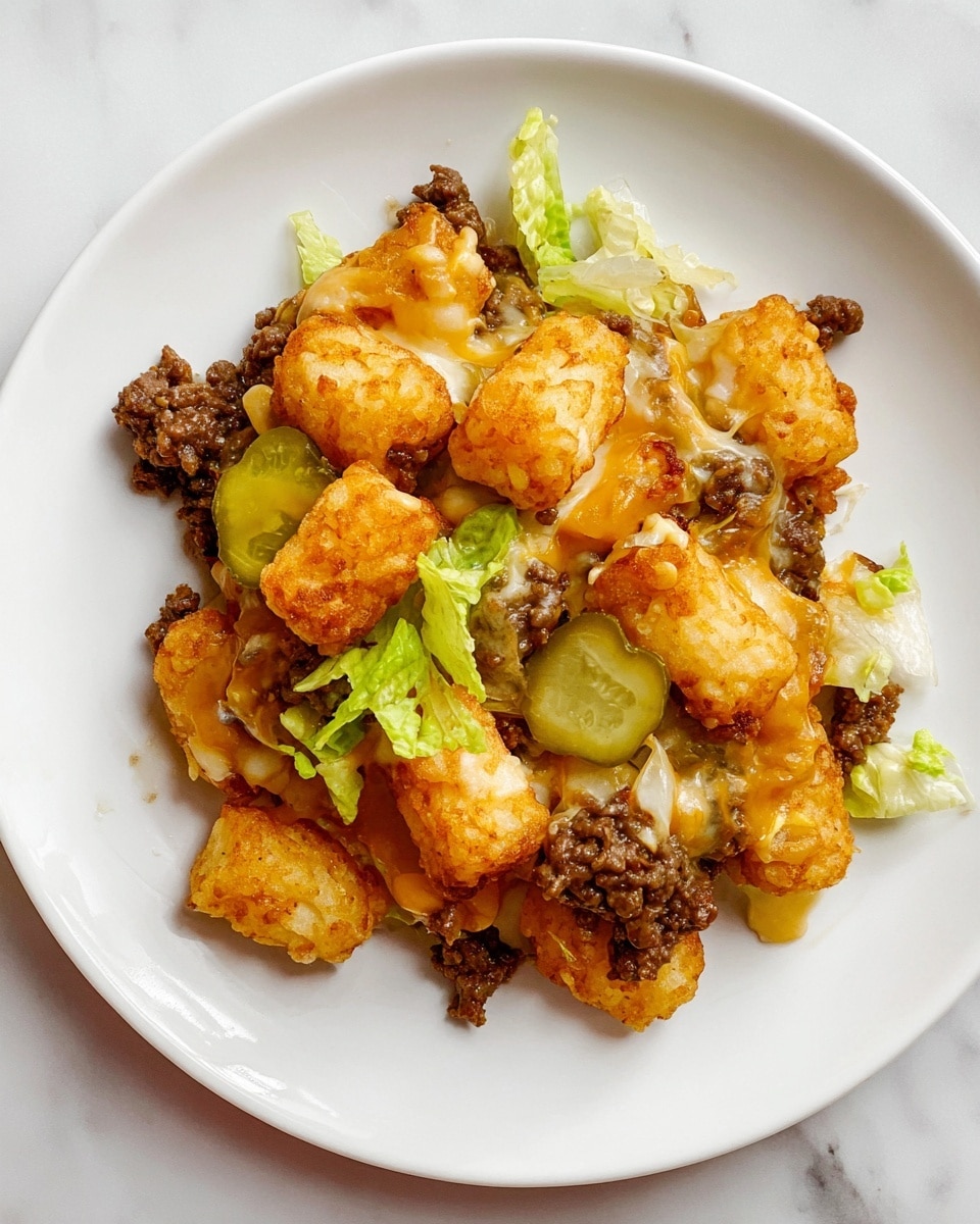 A white plate holds a dish with several layers. The bottom layer is made of small pieces of cooked ground beef, dark brown in color and slightly crumbly. Above this are golden brown crispy tater tots scattered all over. Mixed in and on top of the tater tots, there are melted cheese layers that are light yellow and gooey, stretching between pieces. Small bits of light green lettuce leaves and a few light green pickle slices are spread on top, adding some freshness to the dish. The plate sits on a white marbled surface. Photo taken with an iphone --ar 4:5 --v 7