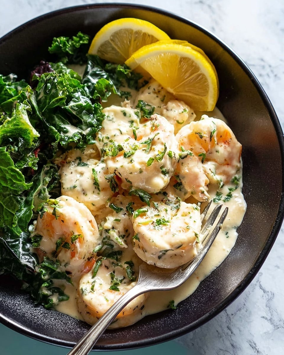 The dish shows a black bowl filled with a creamy sauce holding several large shrimp covered in white sauce with green herb bits sprinkled on top. Two lemon slices sit on the edge of the shrimp pile near the back of the bowl. On the left side, there is a mix of dark green leafy vegetables including kale and spinach. A shiny silver fork is piercing one shrimp on the right side. The background surface is a white marbled texture. Photo taken with an iphone --ar 4:5 --v 7