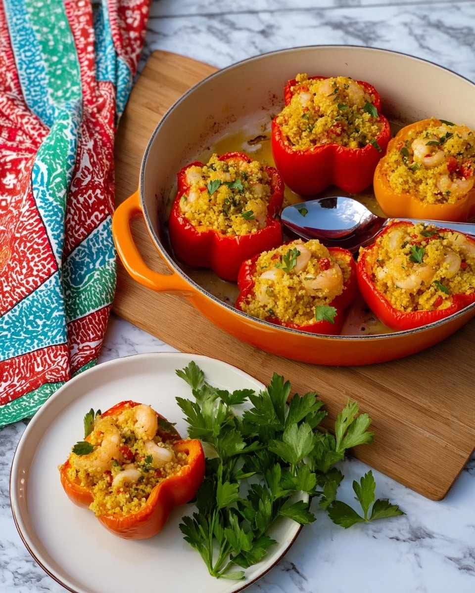 The image shows six stuffed orange-red bell pepper halves arranged in a round, white cooking dish with orange outer edges, placed on a wooden board. Each pepper half is filled with a crumbly yellow mixture that appears to have small pieces of white seafood, green herbs, and red bits. One pepper half is served on a plain white plate in the front, accompanied by a small bunch of fresh green parsley. A shiny silver spoon rests inside the cooking dish. The background surface is a white marbled texture with a colorful folded cloth featuring red, white, green, and blue patterns visible on the left side. photo taken with an iphone --ar 4:5 --v 7