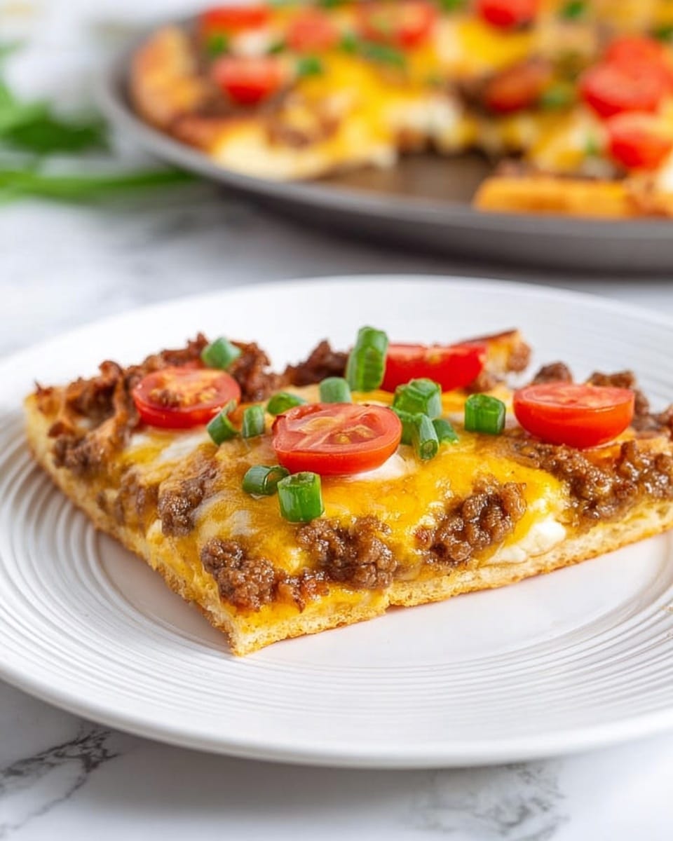 A single slice of pizza sits on a white plate with a slightly ridged edge, placed on a white marbled surface. The pizza has three visible layers: a thin, golden-brown crust at the bottom, a layer of browned ground meat mixed with seasoning in the middle, and melted yellow and light orange cheese on top with some strands dripping slightly over the edge. Bright red quartered cherry tomatoes and small pieces of chopped green onions are scattered over the cheese. In the background, part of a pizza pan with more pizza slices is slightly out of focus. Photo taken with an iphone --ar 4:5 --v 7