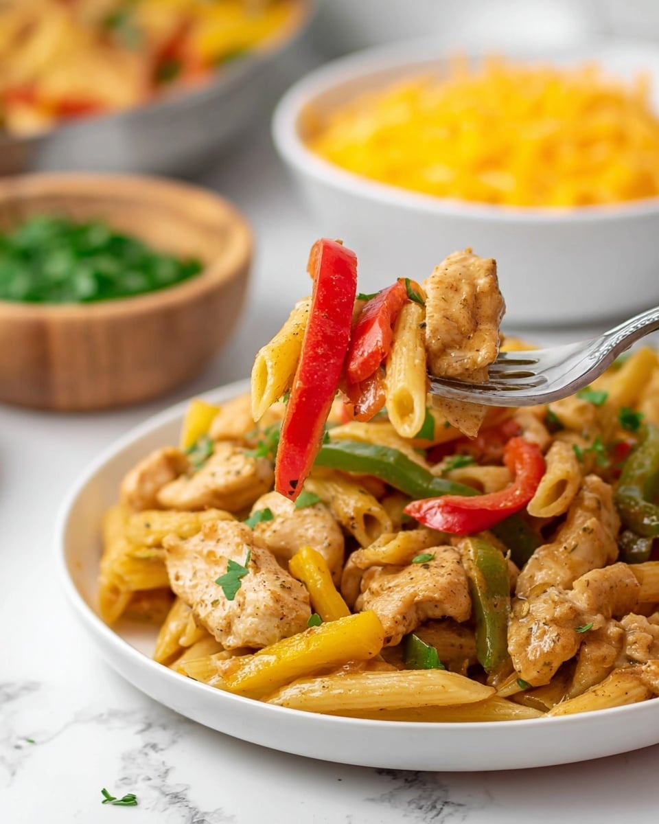 The image shows a close-up of a white plate filled with a colorful pasta dish made of golden penne pasta, light brown cooked chicken pieces, and strips of red, green, and yellow bell peppers. The pasta and chicken are coated in a light sauce and sprinkled with small bits of chopped green herbs. A fork is lifting a mix of pasta, chicken, and a red pepper strip from the plate. In the background, there is a wooden bowl with green herbs and two white bowls, one filled with yellow shredded cheese and the other with more pasta. The scene is set on a white marbled surface. photo taken with an iphone --ar 4:5 --v 7