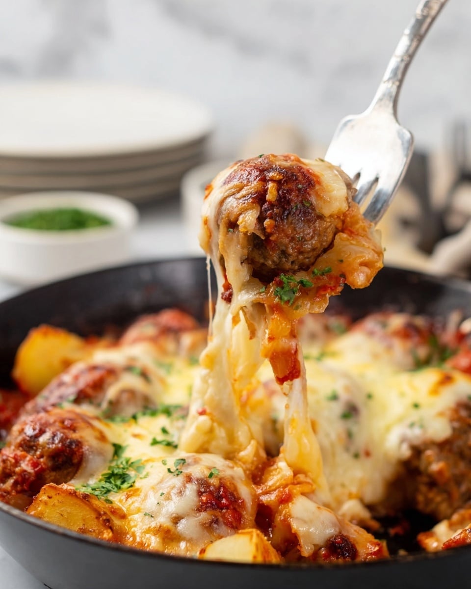 A close-up of a fork lifting a meatball covered in melted mozzarella cheese with bits of red tomato sauce and garnished with small green parsley pieces. The meatball is part of a baked dish in a black pan filled with several layers: a bottom layer of chunky tomato sauce, a middle layer of browned meatballs, and a top layer of golden-brown melted cheese with some herbs sprinkled over. The background shows blurred white marbled texture with a small white bowl of green herbs and some stacked white plates. photo taken with an iphone --ar 4:5 --v 7