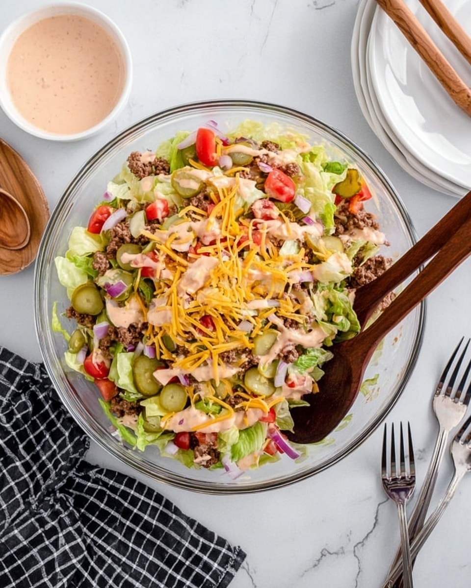 The image shows a close-up of a layered taco salad in a clear bowl on a white marbled surface. The bottom layer consists of dark brown cooked ground beef, unevenly spread. On top of that is a layer of bright green shredded lettuce, followed by small chunks of red tomatoes scattered throughout. There are also light green pickle pieces and thin slices of purple onion placed across the salad. Yellow shredded cheddar cheese is sprinkled over the top, and the whole dish is drizzled with a light orange creamy dressing that covers the ingredients unevenly. photo taken with an iphone --ar 4:5 --v 7