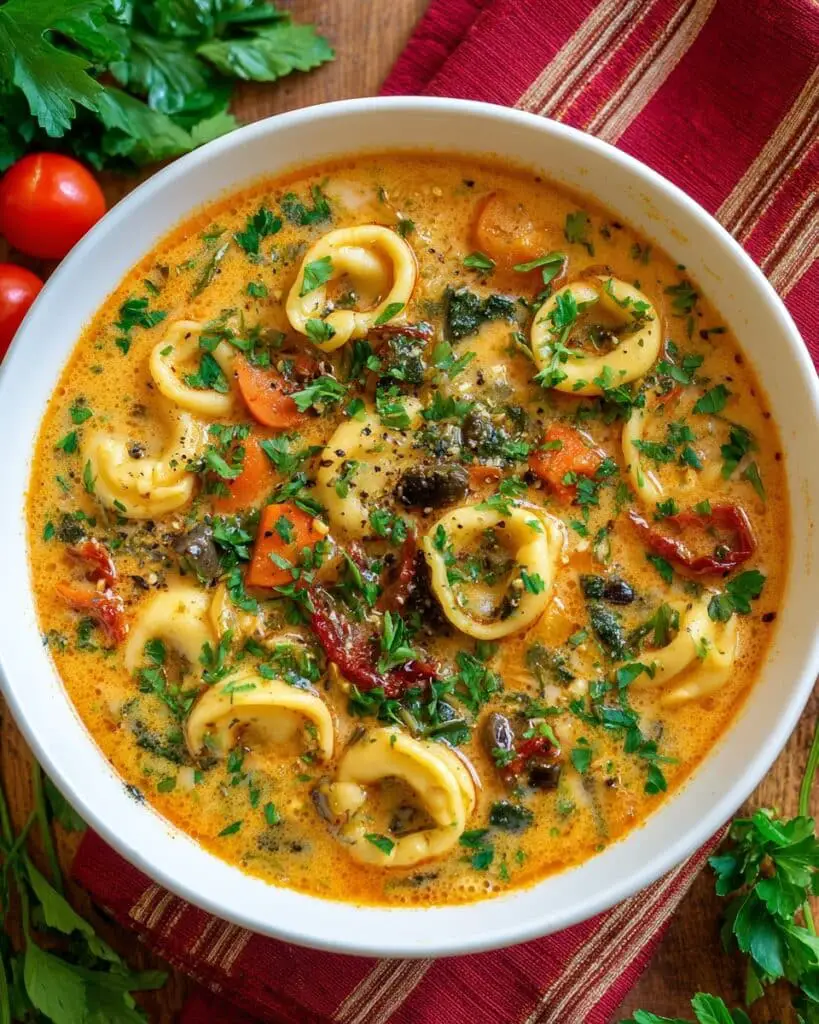 Tortellini Spinach Soup with Sun-Dried Tomatoes and Cream Recipe