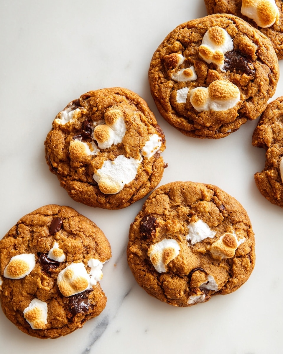 There are five round cookies placed on a white marbled surface. Each cookie is thick with a rough, cracked texture, dark brown in color. They have toasted white marshmallow pieces melted slightly into the top, creating soft, uneven white and golden brown patches. Dark chocolate chips are also embedded on the surface, with some partially melted and shiny. The cookies are spaced out randomly, showing their irregular shapes and chunky texture. Photo taken with an iphone --ar 4:5 --v 7