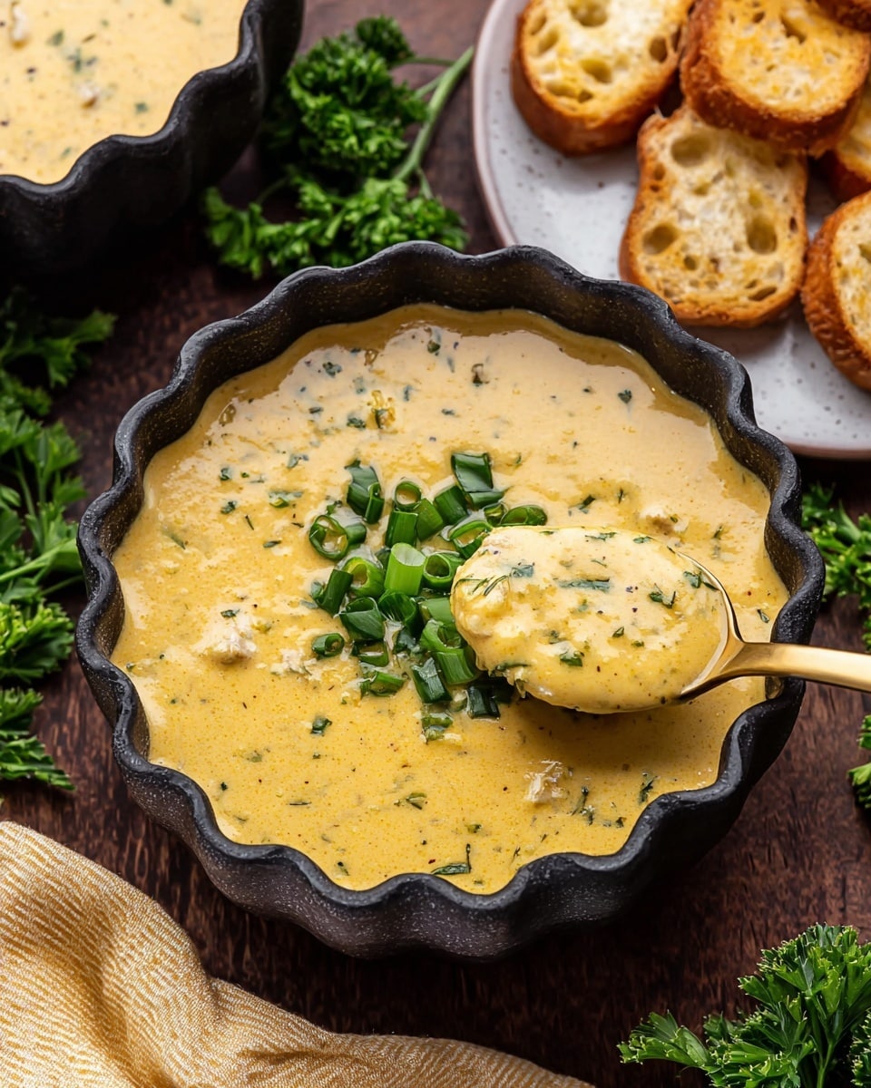The image shows a black bowl filled with thick, creamy cheddar cheese soup that has visible small black specks throughout, topped with chopped green onions placed near the center. A gold spoon in the bowl scoops up some of the soup, showing a textured, chunky inside with lighter yellow cheese bits. Around the bowl, there are pieces of toasted bread with a light golden crust on a white plate, a yellow cloth with some bread crumbs, and small green parsley sprigs adding color on a white marbled surface. Another black bowl of the same soup is partly visible in the top right corner, also topped with green onion. photo taken with an iphone --ar 4:5 --v 7