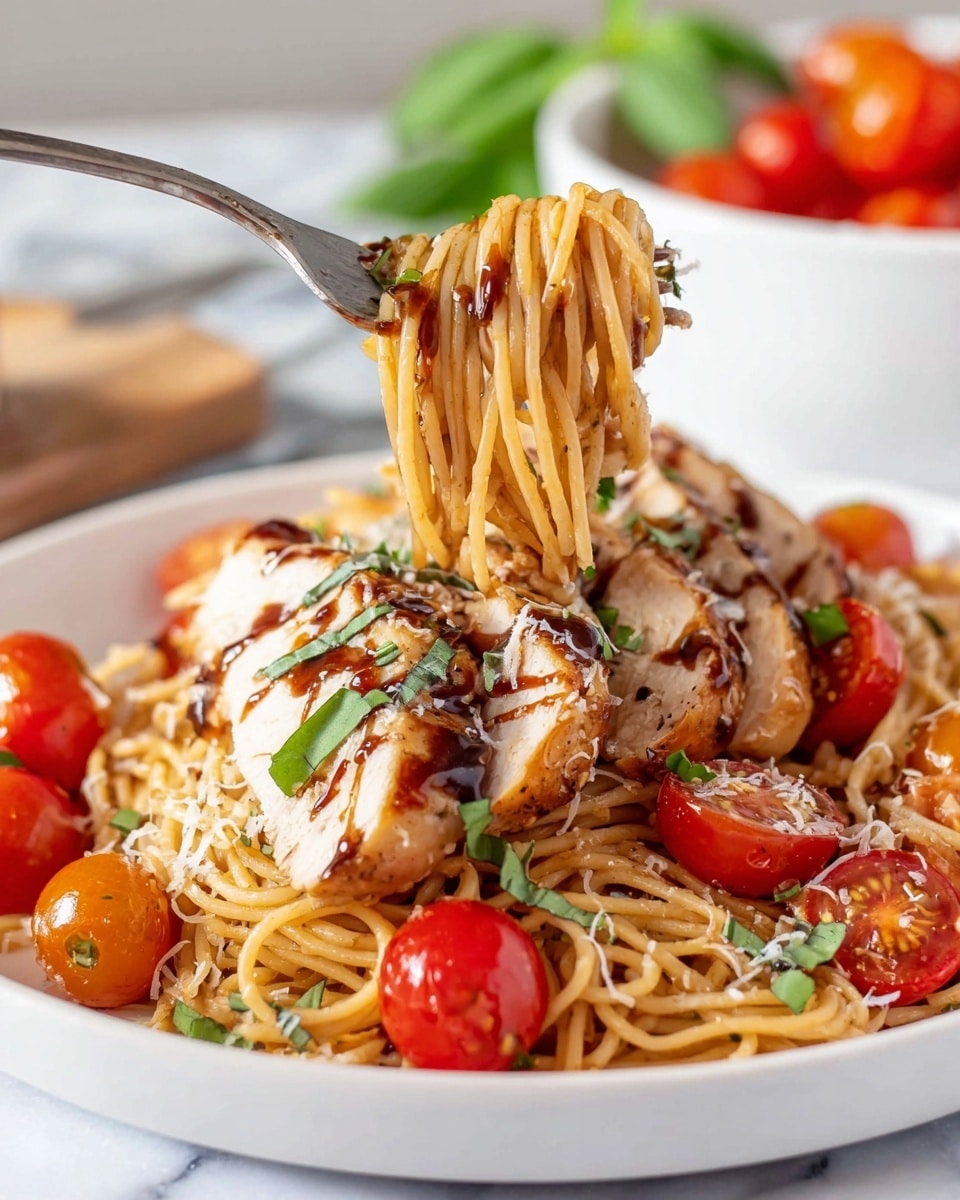 A white plate with one layer of light golden spaghetti noodles mixed with halved bright red cherry tomatoes and small green basil strips. On top are thick slices of golden brown cooked chicken with a slightly crispy edge, drizzled with a dark brown sauce and sprinkled with white grated cheese and small green basil pieces. A metal fork lifts a small twist of noodles and a cherry tomato above the plate, with a white marbled surface under the plate. In the blurred background, a white bowl filled with cherry tomatoes and some green basil leaves are visible. photo taken with an iphone --ar 4:5 --v 7