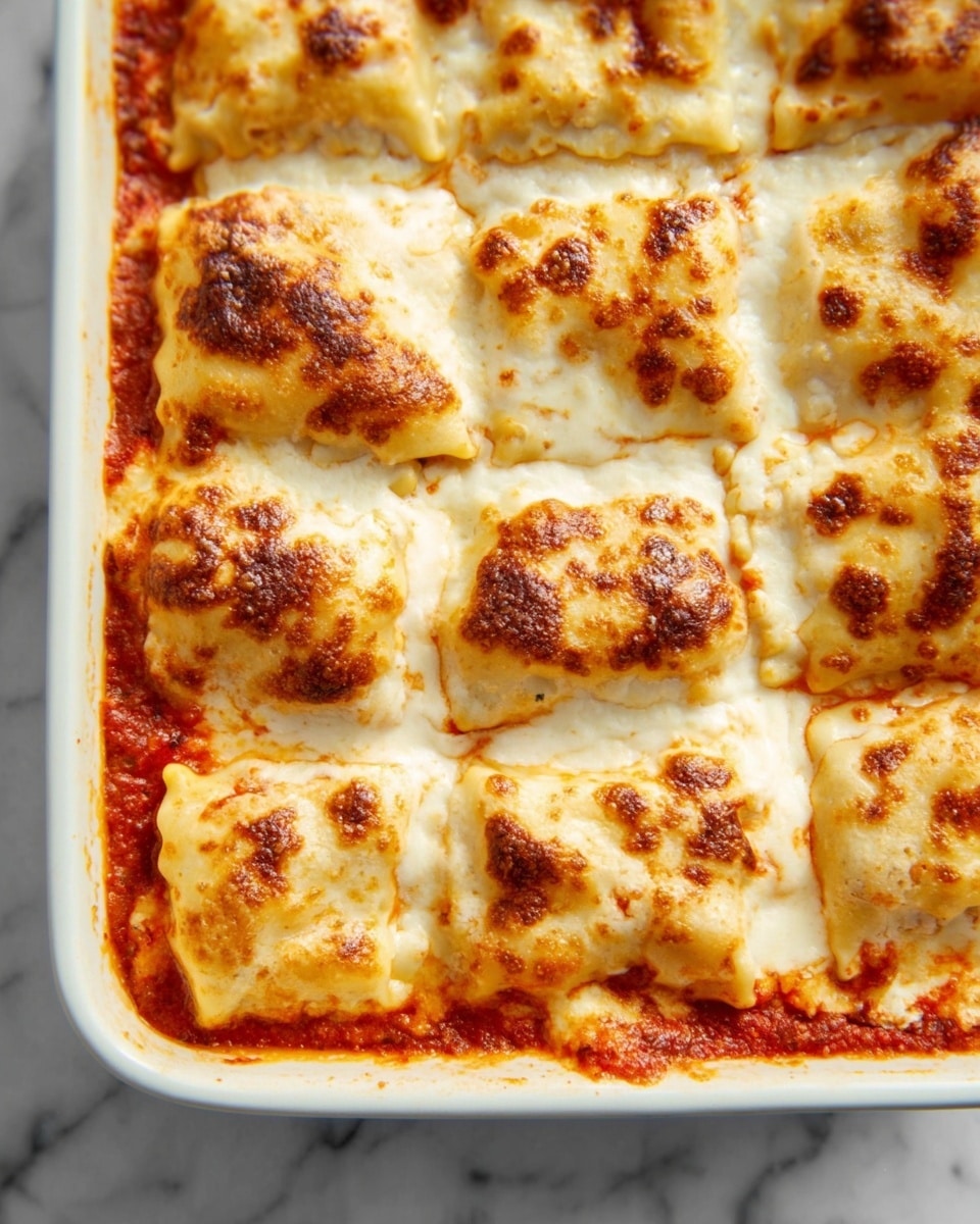 The dish shows multiple square-shaped layers of pasta covered in a thick, creamy white sauce with browned, toasted spots on top, creating a bubbly, slightly crispy texture. Beneath the sauce, a rich red tomato sauce peeks through the sides and in small gaps, adding a vivid contrast. Each square is distinctly separated, revealing the layered pasta underneath the white sauce that looks soft and creamy. The dish is in a white rectangular baking dish placed on a white marbled surface. Photo taken with an iphone --ar 4:5 --v 7
