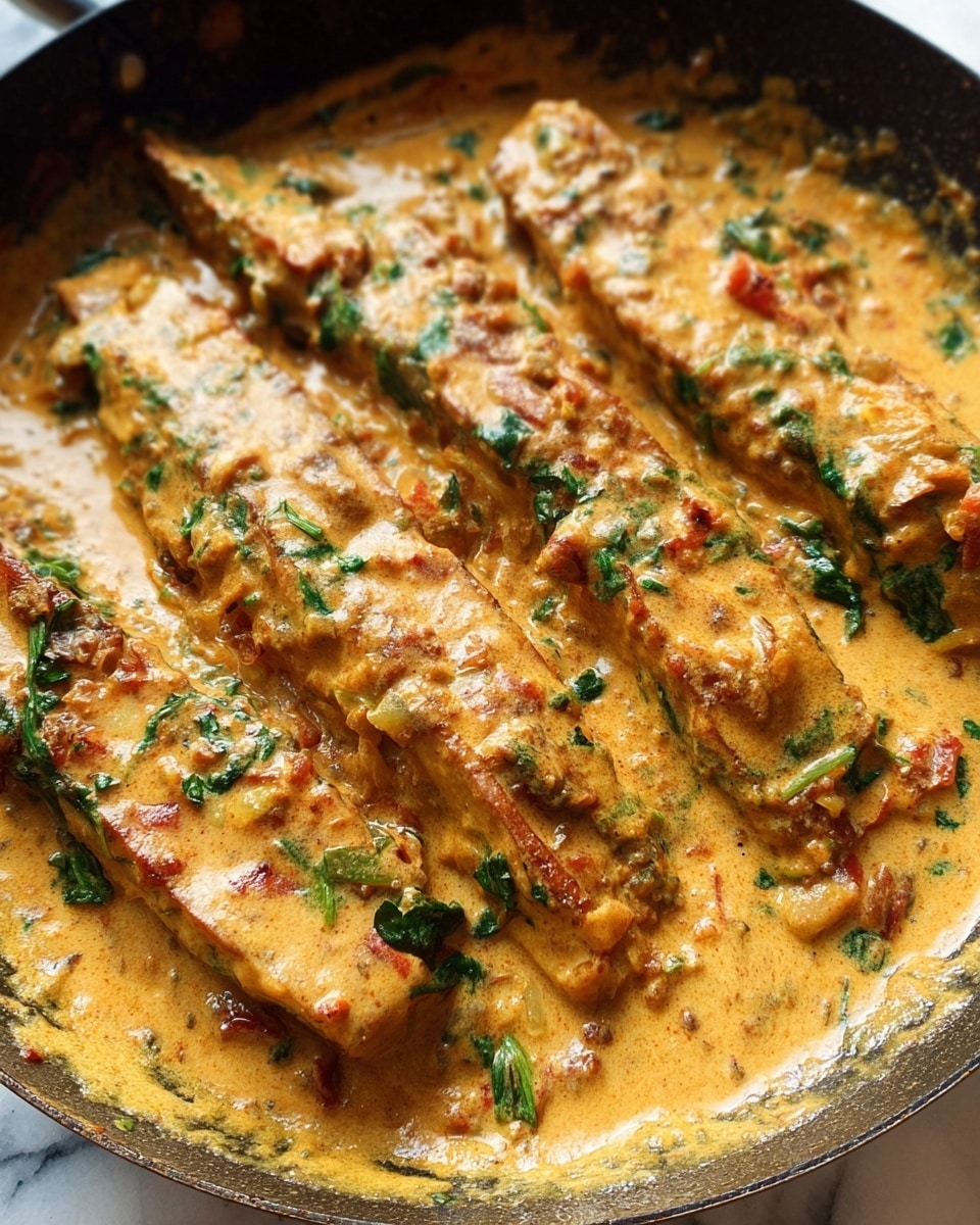 The image shows several pieces of cooked meat covered in a thick, creamy orange sauce with visible bits of green spinach leaves and small pieces of sun-dried tomatoes mixed into the sauce. The sauce looks rich with a smooth yet slightly chunky texture, coating the meat completely. The meat pieces are arranged closely, partially submerged in the sauce, which creates a warm and hearty appearance. The background is a white marbled texture. photo taken with an iphone --ar 4:5 --v 7