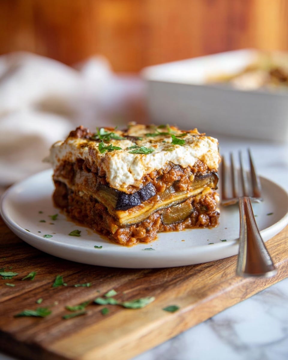 The image shows one square piece of lasagna on a white plate, placed on a wooden board with scattered green herbs around. The lasagna has five visible layers: a bottom thin layer of pasta, followed by a thick layer of brown meat sauce with small chunks, then a layer of sliced eggplant that is dark purple and slightly shiny, another layer of meat sauce, and on top a thick creamy white cheese layer with a golden-brown baked crust sprinkled with chopped green herbs. A metal fork rests on the right side of the plate, and the background is softly blurred with warm tones and a white marbled surface under the wooden board. Photo taken with an iphone --ar 4:5 --v 7