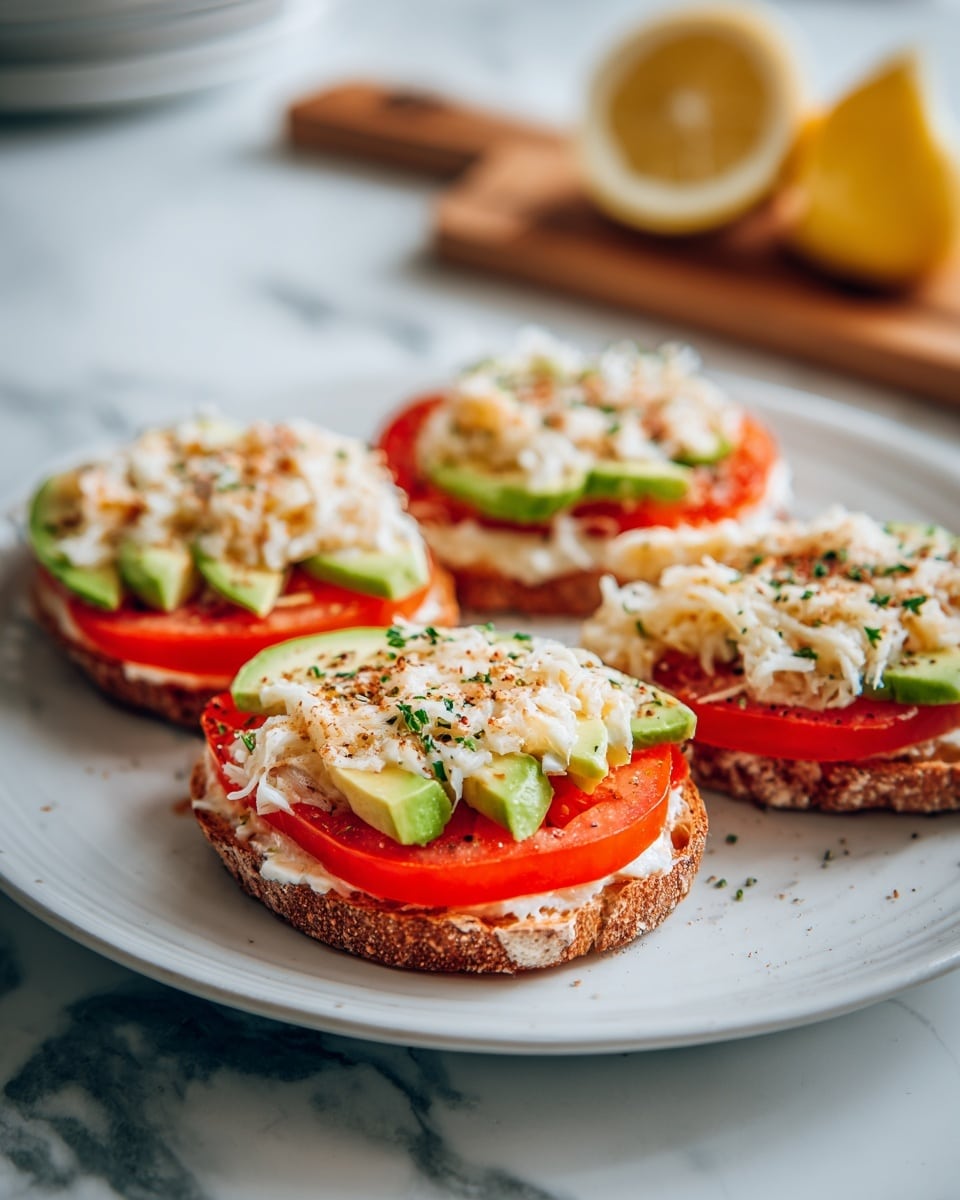 The image shows three open-faced sandwiches stacked closely on a clean white square plate. Each sandwich has a bottom layer of toasted round bread with a light golden brown color. On top of the bread, there is a layer of bright red sliced tomatoes followed by slices of green avocado peeking out from beneath the next layer. The final layer is a creamy mixture topped with melted, slightly browned cheese covering the entire sandwich surface. A sprinkle of finely chopped green herbs decorates each sandwich. The plate is placed on a white marbled surface with some green herbs scattered around. Photo taken with an iphone --ar 4:5 --v 7