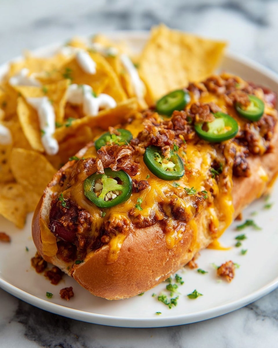 The image shows several pieces of toasted bread topped with a thick, melted layer of orange-yellow cheese covering the surface. On top of the cheese, there is a generous sprinkle of crispy, small brown bits that look like fried onions or bacon pieces, adding texture. Thin green slices of fresh jalapeño peppers are scattered on top, adding a pop of color and slight heat. The bread is golden brown and crisp around the edges. The background has a white marbled surface, and the close-up view captures the gooey cheese and crunchy toppings clearly. photo taken with an iphone --ar 4:5 --v 7