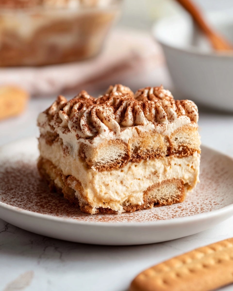 A slice of layered dessert sits on a white plate placed on a white marbled surface. The dessert has three visible layers: the bottom layer is light brown and looks soft, the middle layer is creamy and beige with small specks, and the top layer features thick, fluffy swirls of light brown cream dusted with a darker brown powder. The background shows a blurred white bowl and a wooden spoon, with a ladyfinger biscuit lying in front of the plate. The scene captures the dessert’s creamy, textured look closely, showing soft crumbs and a smooth finish. photo taken with an iphone --ar 4:5 --v 7