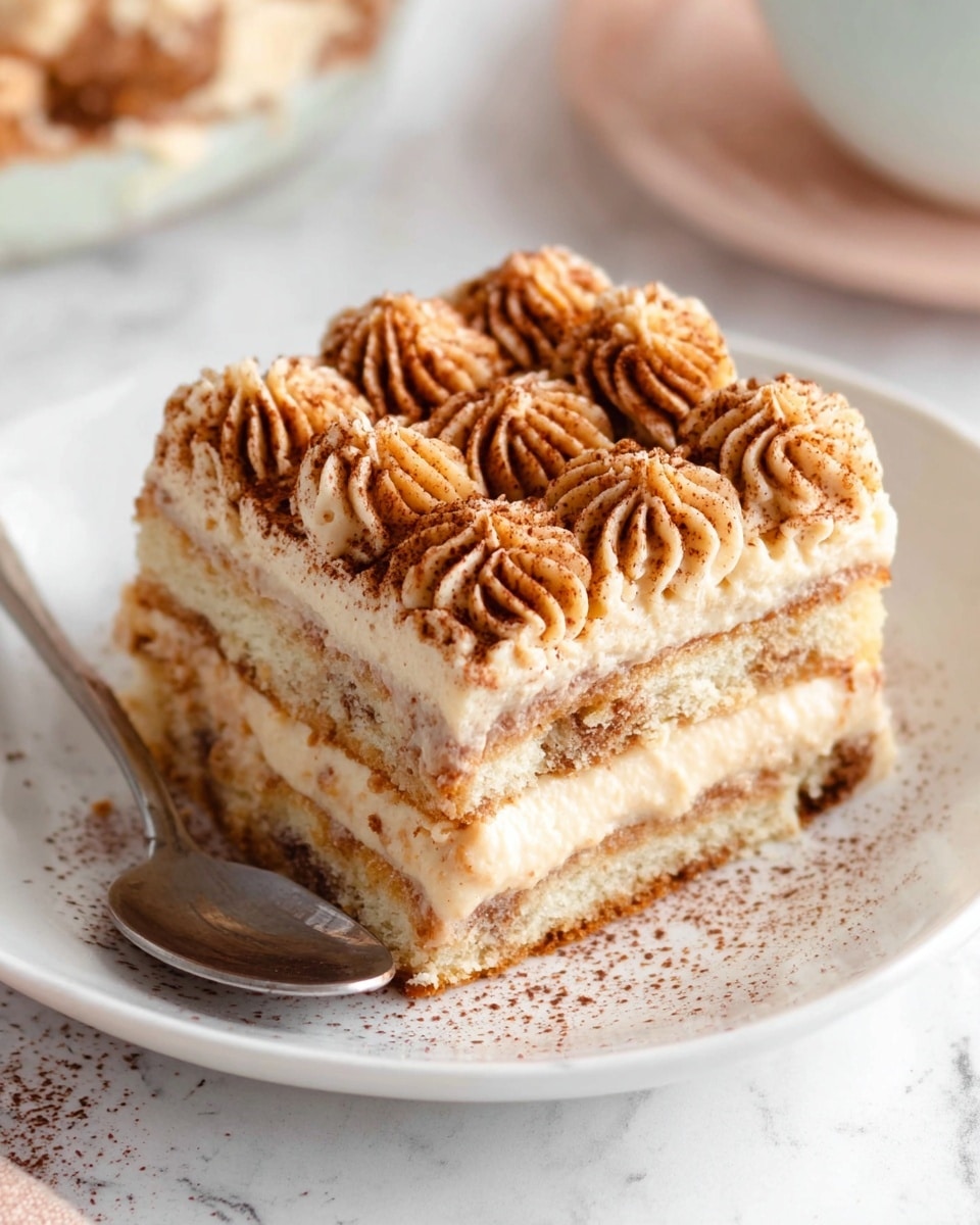 This image shows a slice of layered dessert on a white plate with a spoon beside it. The dessert has two main layers of light brown creamy filling separated by two layers of soft sponge cake that is pale beige in color. The top layer is decorated with piped cream swirls that have a soft tan color, dusted with a fine sprinkling of cocoa powder giving a darker brown contrast. The overall look is rich and creamy with a slightly textured top, all placed on a white marbled surface. Photo taken with an iphone --ar 4:5 --v 7