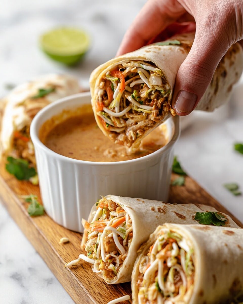 A close-up of a hand holding a rolled wrap filled with three visible layers: white and orange shredded vegetables, light brown cooked pieces, and thin white noodles with green herbs mixed in, all wrapped in a soft light beige tortilla. The wrap is being dipped into a white bowl of thick light brown sauce. The bowl is placed on a light wood board with a few green herb leaves scattered nearby. In the foreground, there are two more halves of the same wrap showing similar fillings, all set against a white marbled surface with a blurred lime wedge in the background. Photo taken with an iphone --ar 4:5 --v 7