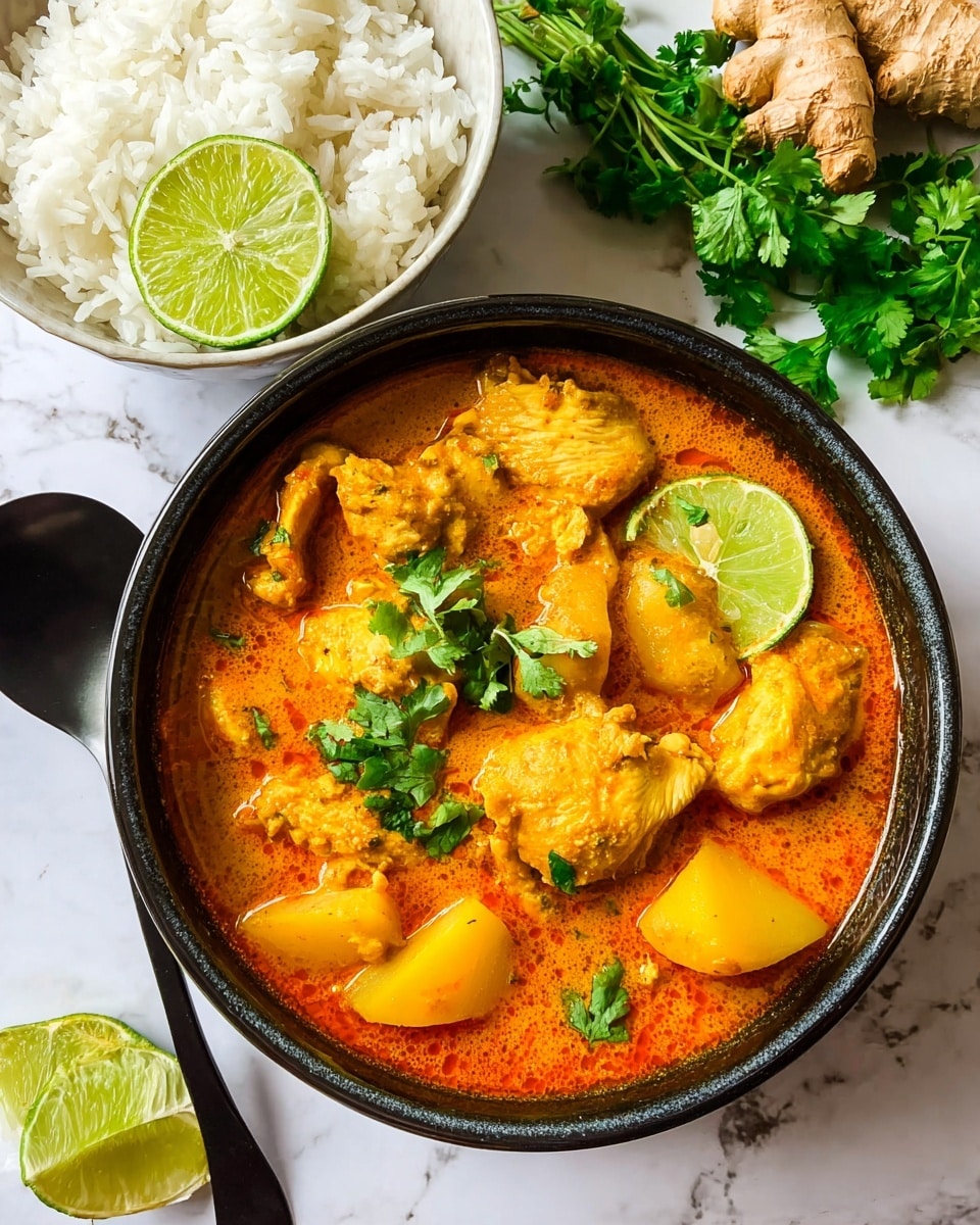 A black bowl filled with a rich orange curry showing many yellow chicken pieces and chunks of potatoes, topped with bright green cilantro leaves and two lime wedges on opposite sides. On the left side, a white bowl holds fluffy white rice, and a black spoon rests beside it on the white marbled surface. In the background on the right side, there are fresh green cilantro sprigs and a piece of light brown ginger root. The image is bright with clear, sharp colors. photo taken with an iphone --ar 4:5 --v 7