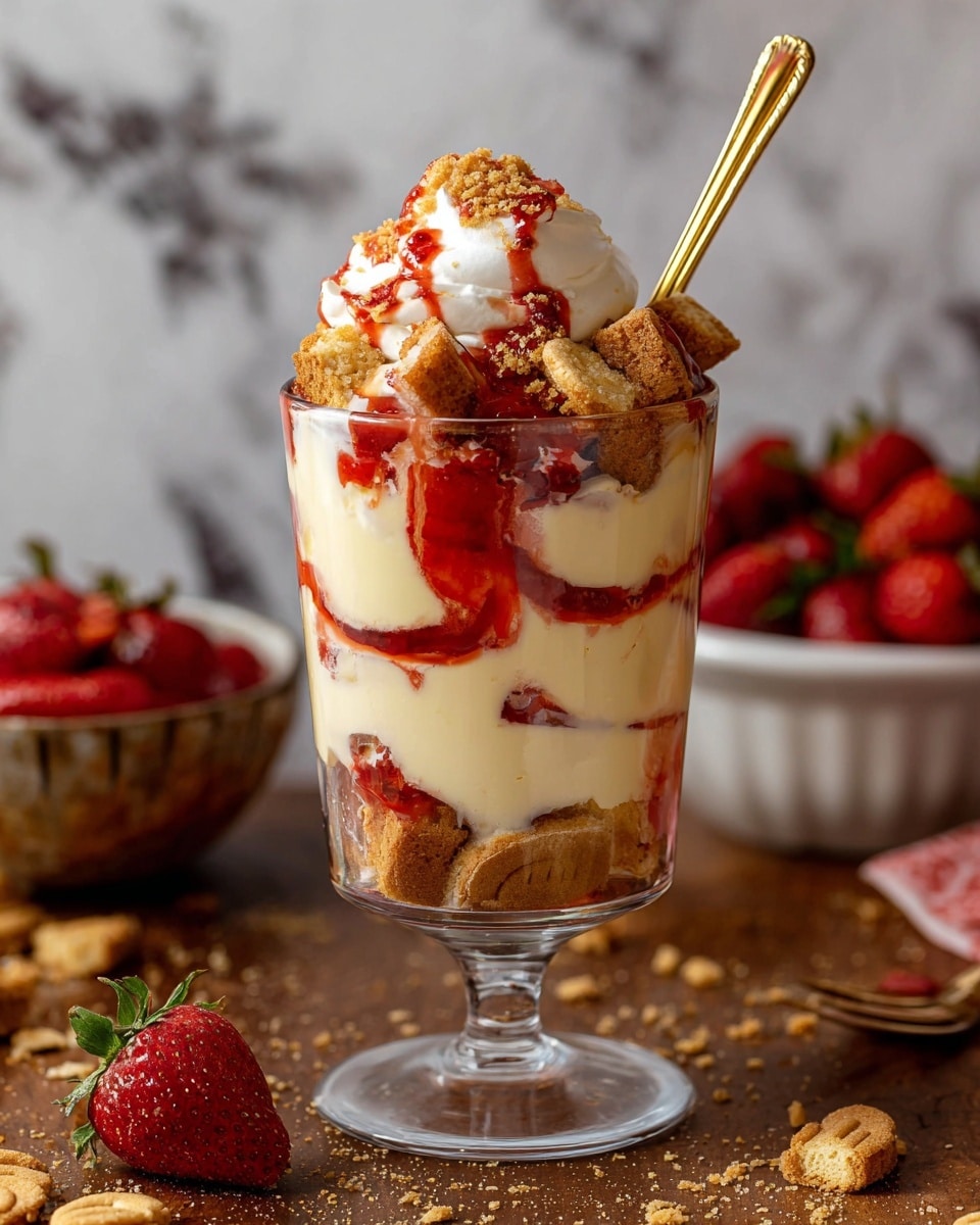 The dessert is served in a clear glass with three main layers: at the bottom, a layer of brown cookies; in the middle, a thick creamy pale yellow custard mixed with bright red strawberry sauce swirled around; on top, chunks of the same cookies and a dollop of white whipped cream covered with more strawberry sauce and cookie crumbs. A gold spoon sticks into the dessert from the left side. The glass sits on a wooden surface with scattered cookie crumbs, a strawberry in the foreground, and a bowl of fresh strawberries in the background. The background is a white marbled texture. Photo taken with an iphone --ar 4:5 --v 7