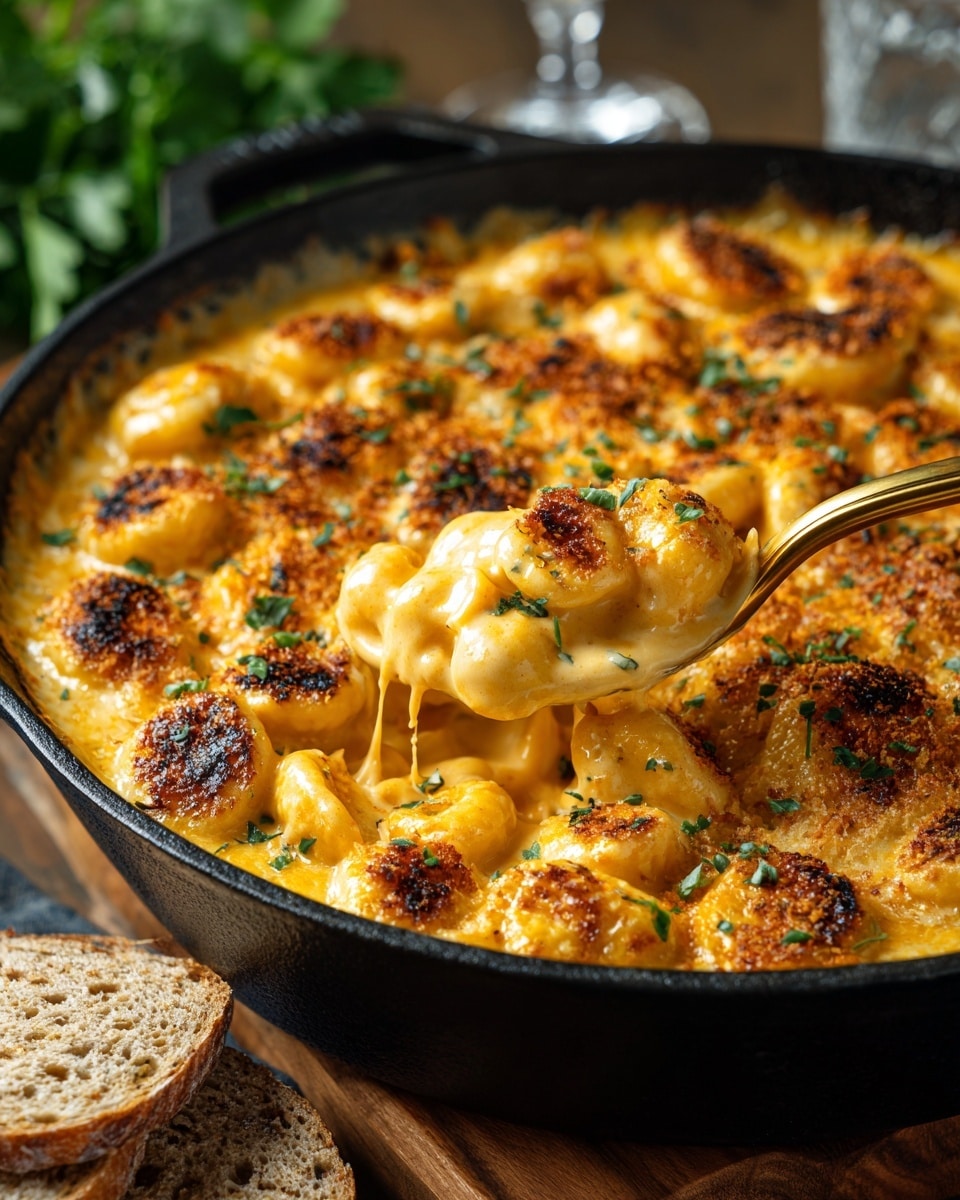 A skillet filled with a rich, creamy orange sauce baked to a golden brown crust on top with some browned spots indicating melted cheese. The surface is textured with small bubbly areas and sprinkled with green herbs. Inside, you see thick, creamy layers mixed with chunks of a soft ingredient coated in the sauce. A gold spoon is scooping some from the side, showing the smooth and chunky mix beneath the crust. Around the skillet on a white marbled surface are fresh green herb leaves and pieces of multigrain bread. photo taken with an iphone --ar 4:5 --v 7