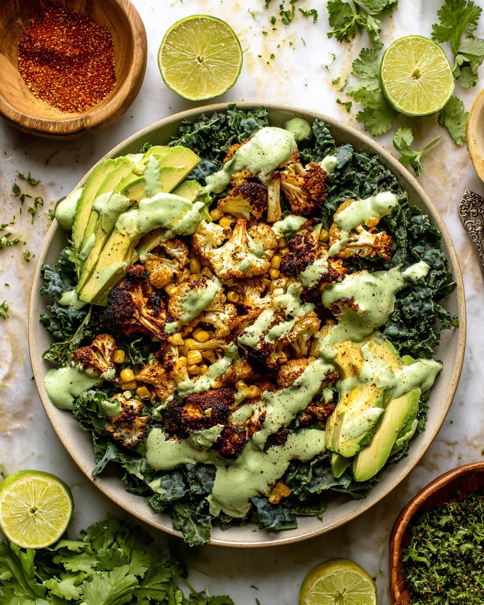 A large white bowl filled with a layered salad starts with a base of dark green curly kale leaves. On top of the kale are chunks of golden brown roasted cauliflower adding a roasted texture, and scattered sweet yellow corn kernels with slight charring. Bright green slices of creamy avocado are placed evenly across the top, with seasoning visibly speckled over everything. The bowl is set on a wooden surface, surrounded by halved fresh limes, fresh herb sprigs, and a small bowl with orange-red seasoning powder. Two golden utensils rest inside the bowl, slightly buried under the salad. photo taken with an iphone --ar 4:5 --v 7