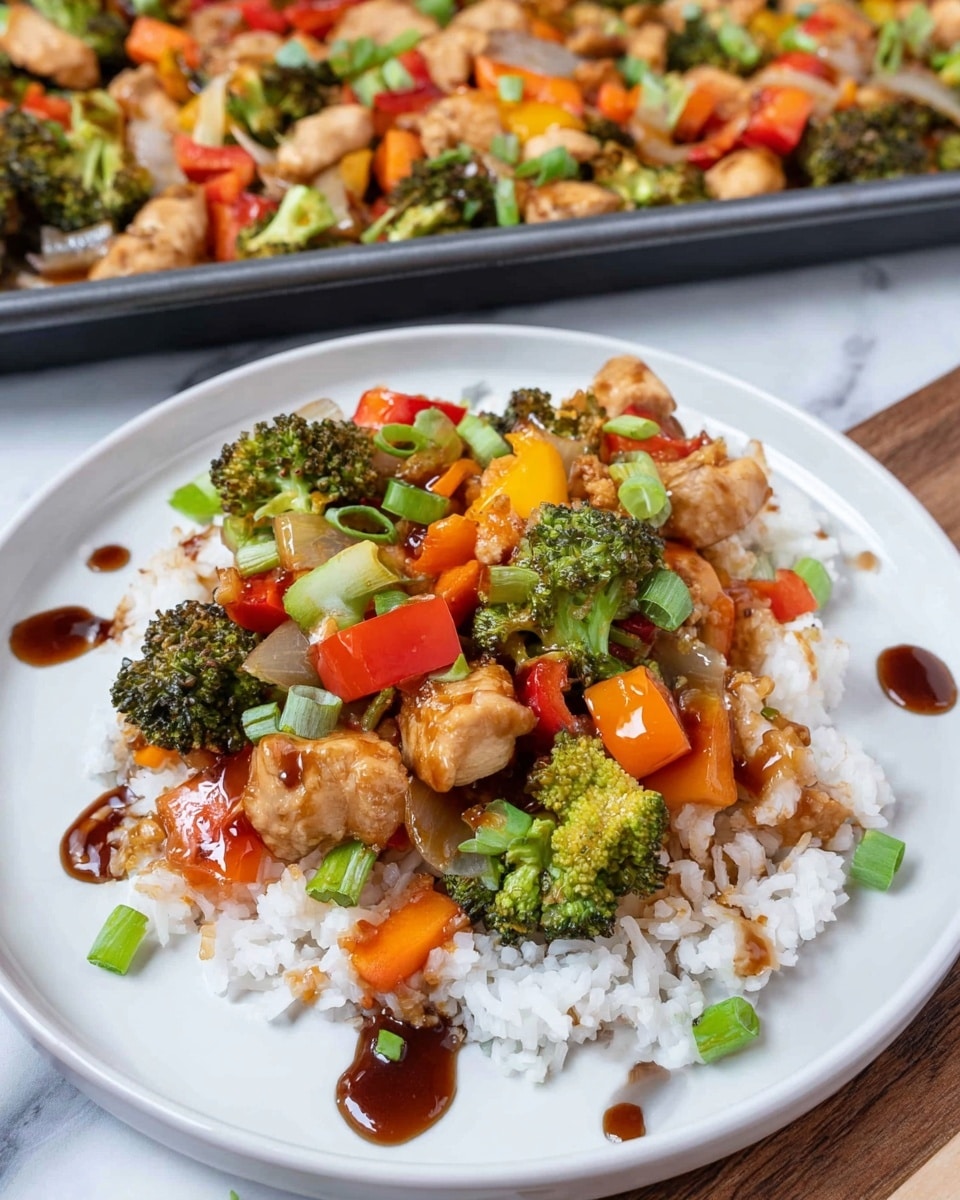 The image shows a black plate with a base layer of white rice spread evenly. On top of the rice, there is a mixed stir-fry of colorful vegetables and chicken pieces, including bright green broccoli florets, chunks of red and orange bell peppers, and cooked onions. The chicken pieces are light brown and scattered among the vegetables. The stir-fry is drizzled with a dark brown sauce, and chopped green onions are sprinkled over everything. The plate rests on a white marbled surface, and in the background, a baking tray with more stir-fry sits on a wooden table. photo taken with an iphone --ar 4:5 --v 7