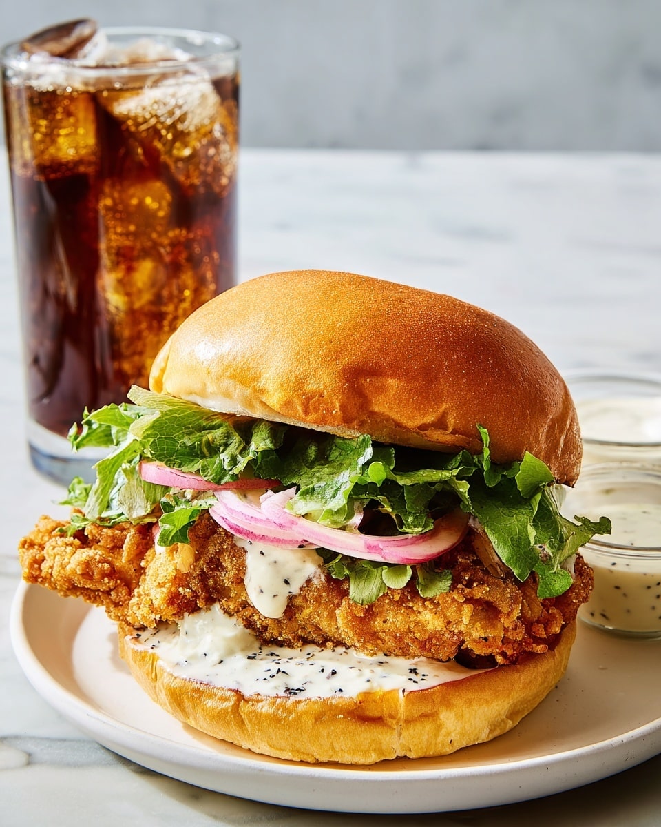 A sandwich sits on a white plate on a white marbled surface, with a soft golden toasted bun on top. Inside, there is a large crispy golden fried chicken fillet as the base layer, topped with fresh green lettuce coated lightly in white creamy sauce, and thin slices of red onion resting between the lettuce and the bun. The bottom bun is spread with a thick layer of white sauce with black specks. Behind the plate, there is a clear glass filled with dark soda and ice cubes, and next to it is a small clear sauce cup filled with creamy white sauce. Photo taken with an iphone --ar 4:5 --v 7