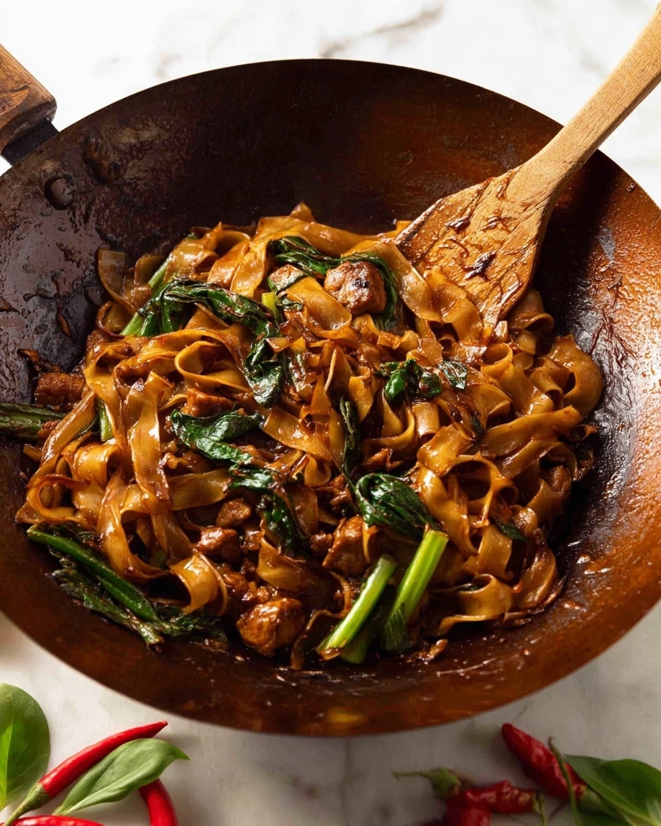A deep brown wok holds a cooked dish of flat, wide noodles coated in a rich, glossy dark brown sauce. Mixed within the noodles are pieces of light brown cooked meat and dark green leafy vegetables, some with thick stems. A wooden spatula and a wooden spoon rest inside the wok, partially covered by the noodles. The wok sits on a white marbled surface with red chili peppers and green leaves around it. Photo taken with an iphone --ar 4:5 --v 7