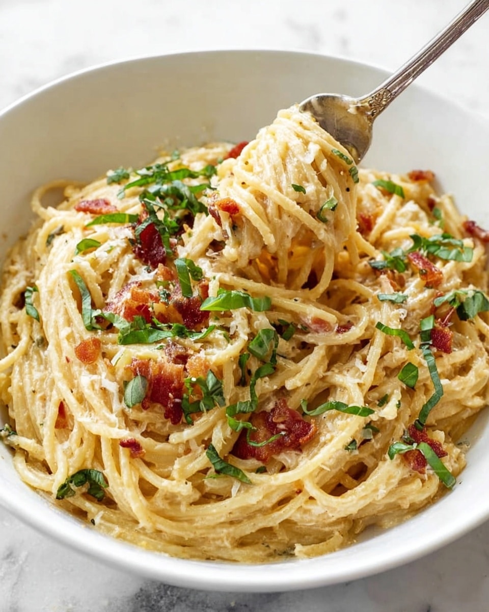 A white deep plate holds a serving of creamy spaghetti arranged in a small mound at the center. The spaghetti noodles are coated in a smooth, light beige sauce with scattered small pieces of crispy, reddish-brown bacon mixed throughout. On top, there is a sprinkle of finely grated white cheese and thin strips of fresh green basil leaves adding color. The plate sits on a white marbled surface with another similar plate blurred in the background. photo taken with an iphone --ar 4:5 --v 7