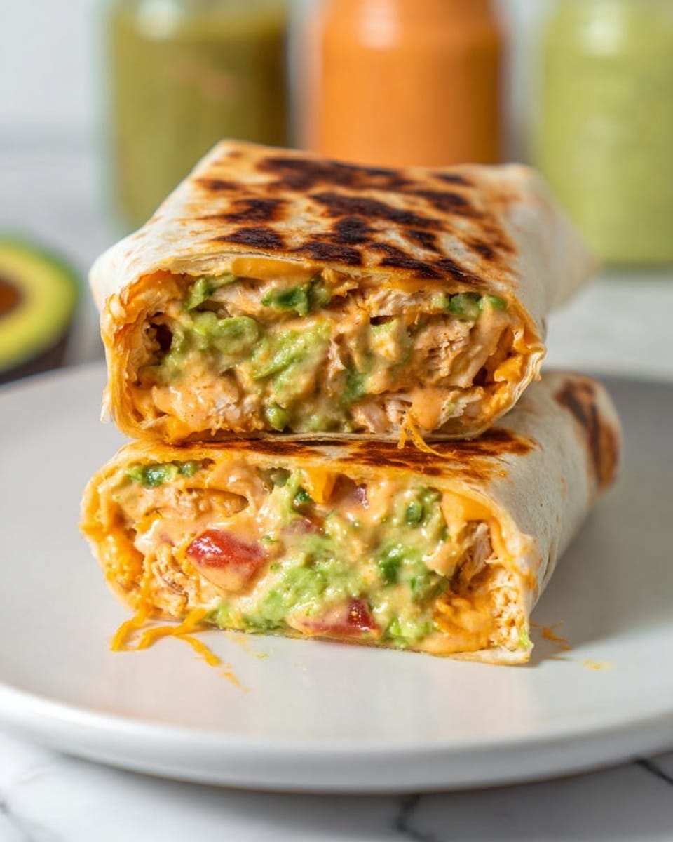 A woman's hand is holding two sandwich halves close to the camera, showing three layers inside each half. The outer layer is a golden toasted wrap or bread, soft and slightly crisp. Inside, there is a fold of white shredded chicken mixed with pieces of bright green avocado and small red tomato chunks. Over these layers, a creamy sauce with light green and orange shades is spread generously, making the filling look moist and rich. In the background, blurred items include a halved avocado and two clear glass jars with green and orange sauces, all set on a white marbled surface. Photo taken with an iphone --ar 4:5 --v 7