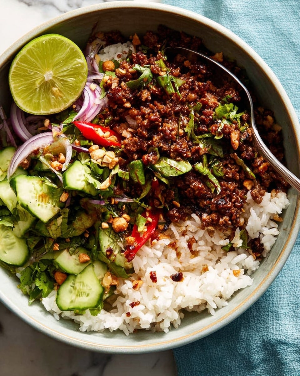 A white bowl filled with three clear layers: the bottom layer is plain white rice with soft grains, the middle layer is dark brown cooked minced meat mixed with green herbs and chopped peanuts, and the top layer has small pieces of fresh green cucumber, red chili slices, and thin red onion slices scattered around. A bright green lime wedge sits on the edge of the bowl. A silver spoon is placed inside the bowl, stirring the mixture slightly, and the bowl sits on a white marbled surface with a soft blue cloth in the background. photo taken with an iphone --ar 4:5 --v 7