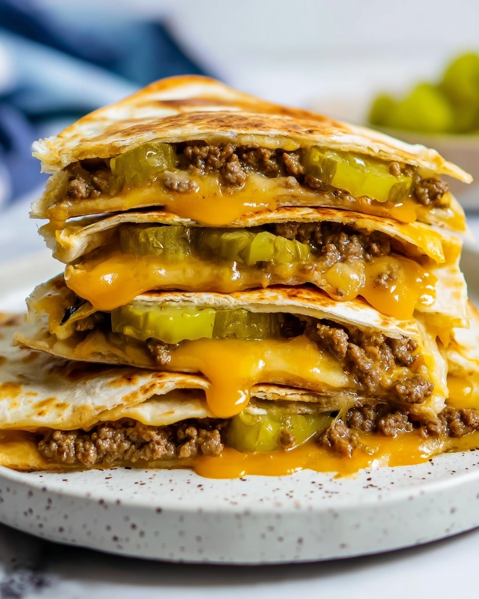 A stack of four folded quesadilla slices is shown on a white speckled plate, each layer filled with cooked ground meat, melted orange cheese, and bright green pickles. The quesadilla tortillas are golden brown and slightly crispy, with melted cheese dripping down the sides. The fillings are clearly visible in each slice, with juicy meat and slices of pickles adding texture and color. The plate sits on a white marbled surface, and the background is softly blurred with hints of blue and green. photo taken with an iphone --ar 4:5 --v 7