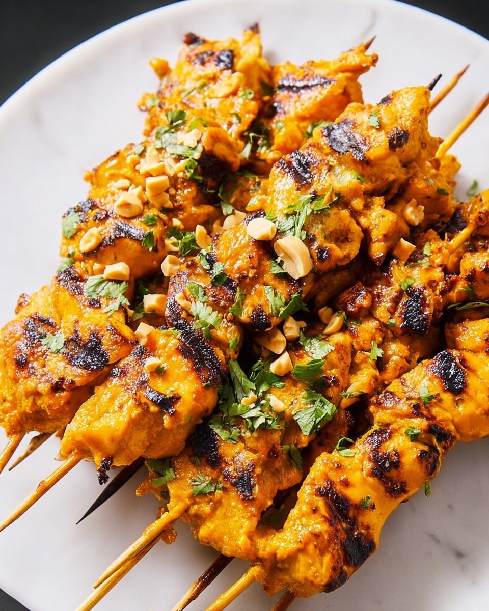 A white plate holds about fifteen grilled chicken skewers arranged in a scattered pile, with each skewer threaded with golden-yellow grilled chicken pieces showing dark brown grill marks. The chicken has a slightly textured surface with charred spots and is sprinkled with small chopped green herbs and crushed light-brown peanuts. To the left side of the plate, a clear glass bowl contains a smooth light brown peanut sauce, also topped with crushed peanuts. The background is a white marbled surface. Photo taken with an iphone --ar 4:5 --v 7