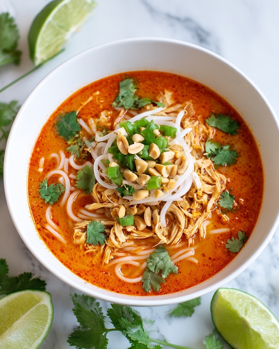 Two white bowls filled with a reddish-orange broth base with thin white noodles in the center. On top of the noodles are chopped green onions, crushed peanuts, and green cilantro leaves spread evenly. Thin lime slices rest on the broth's surface near the edges of the bowls. The bowls are placed on a blue wooden textured surface with some lime halves and a white cloth napkin nearby. Photo taken with an iphone --ar 4:5 --v 7